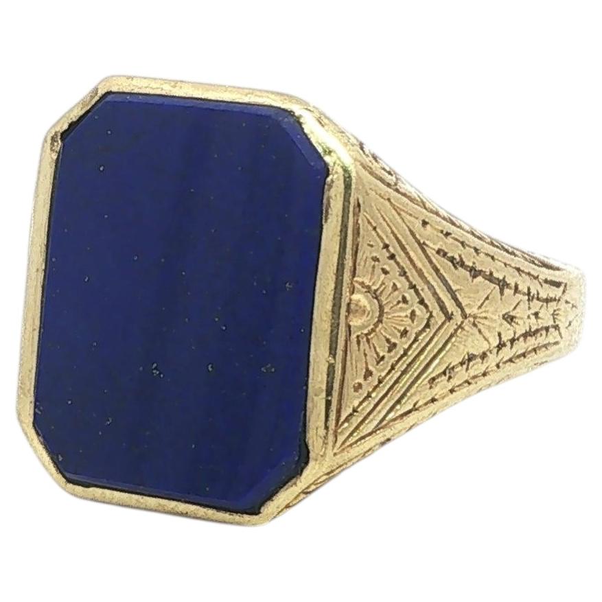 Antique Men's Heavy 14k Yellow Gold Large Lapis Solitaire Etched Engraved Ring