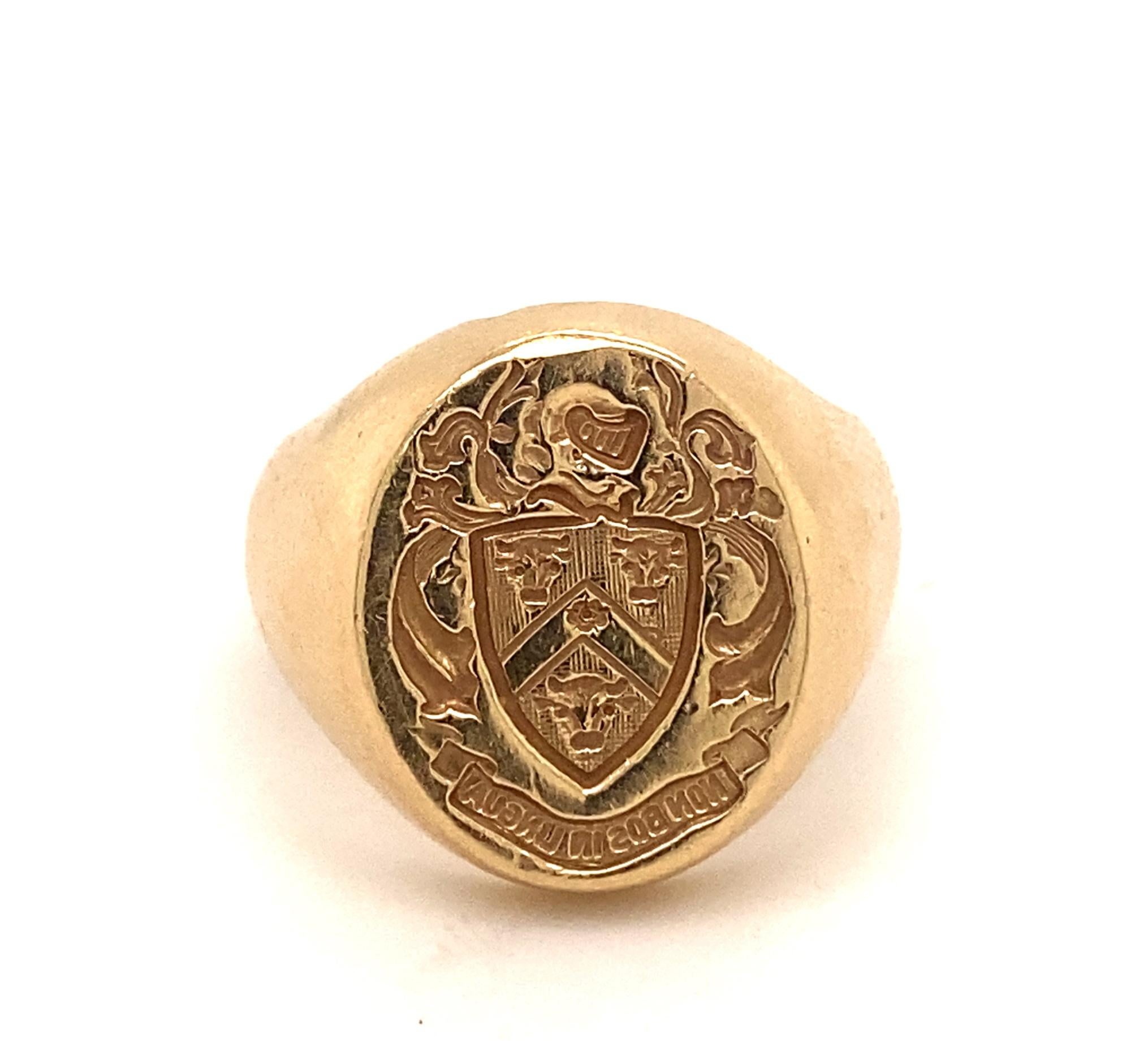 This is a rare antique signet ring with a crest of three bulls and knight.  Under the crest it reads Non bos in Lingua.  The crest and has amazing the detail and design.  The ring is marked 14k makers marks, inscribed initials JAP and R53 it also