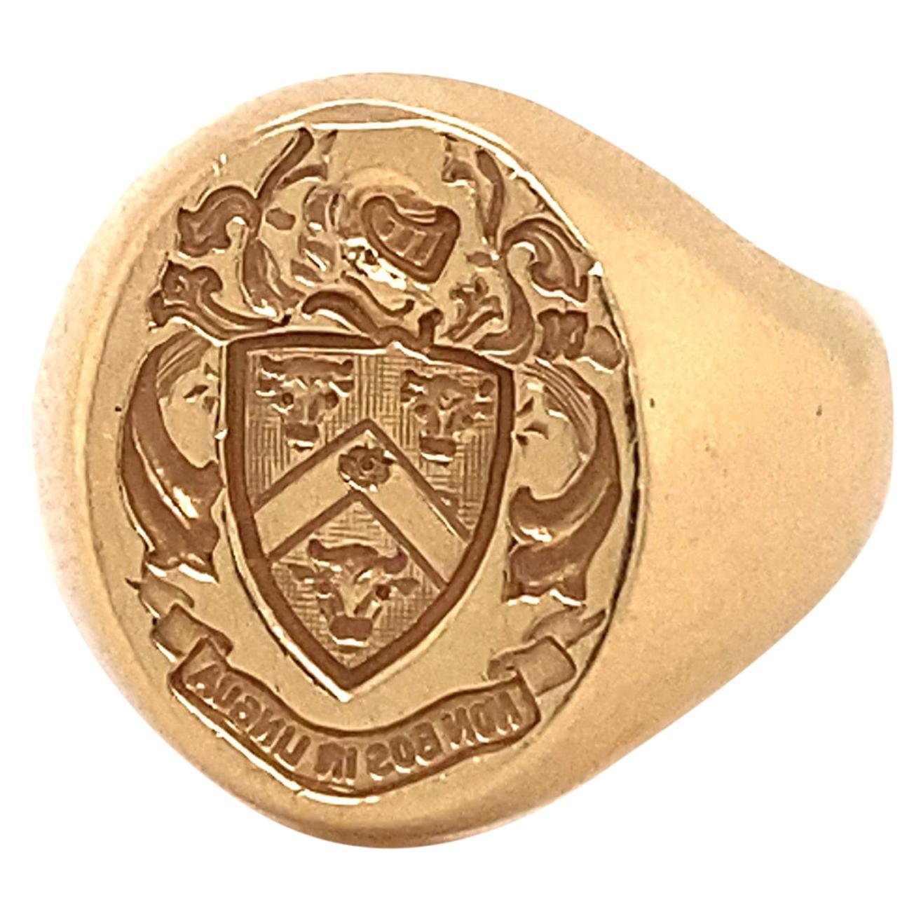 Antique Men’s Signet Ring with Crest of Bulls 14K Yellow Gold Makers Marks 23g For Sale