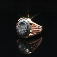 Antique Men's Solid Yellow Gold Oval Carved Intaglio Hematite Signet Ring