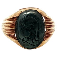 Antique Men's Solid Yellow Gold Oval Carved Intaglio Hematite Signet Ring