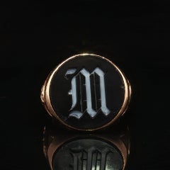 Antique Men's Yellow Gold Black & White Hardstone Initial M Signet Heavy Ring