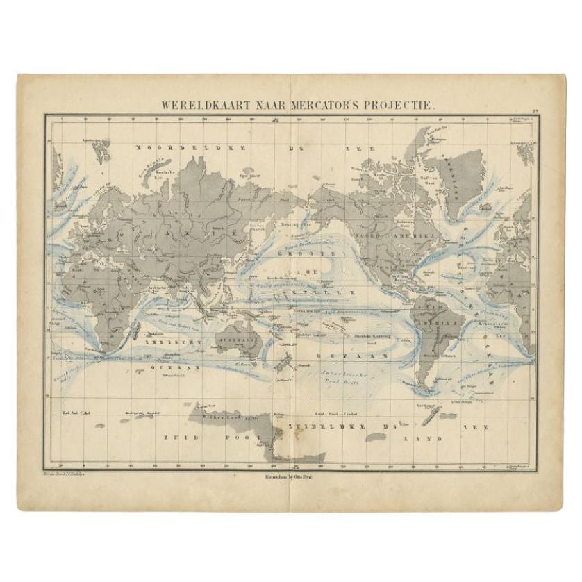 Carte du monde antique Mercator Projection de Petri, c.1873 en vente