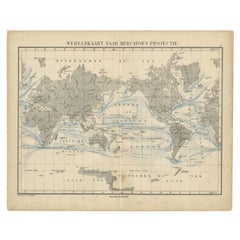 Antique Mercator Projection World Map by Petri, c.1873