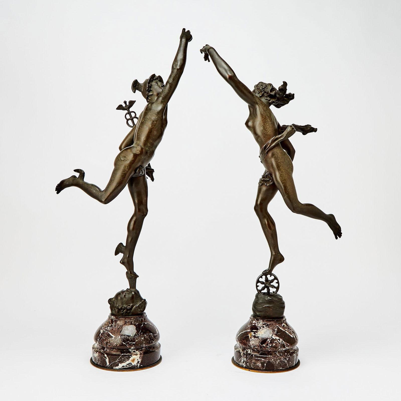 Antique (late 19th to early 20th century) patinated bronze sculptures of Mercury and Fortuna after the original models by Giambologna (1529-1608), aka Giovanni da Bologna (Italian) and Jean de Bologne (French), measuring 30 inches tall as mounted on