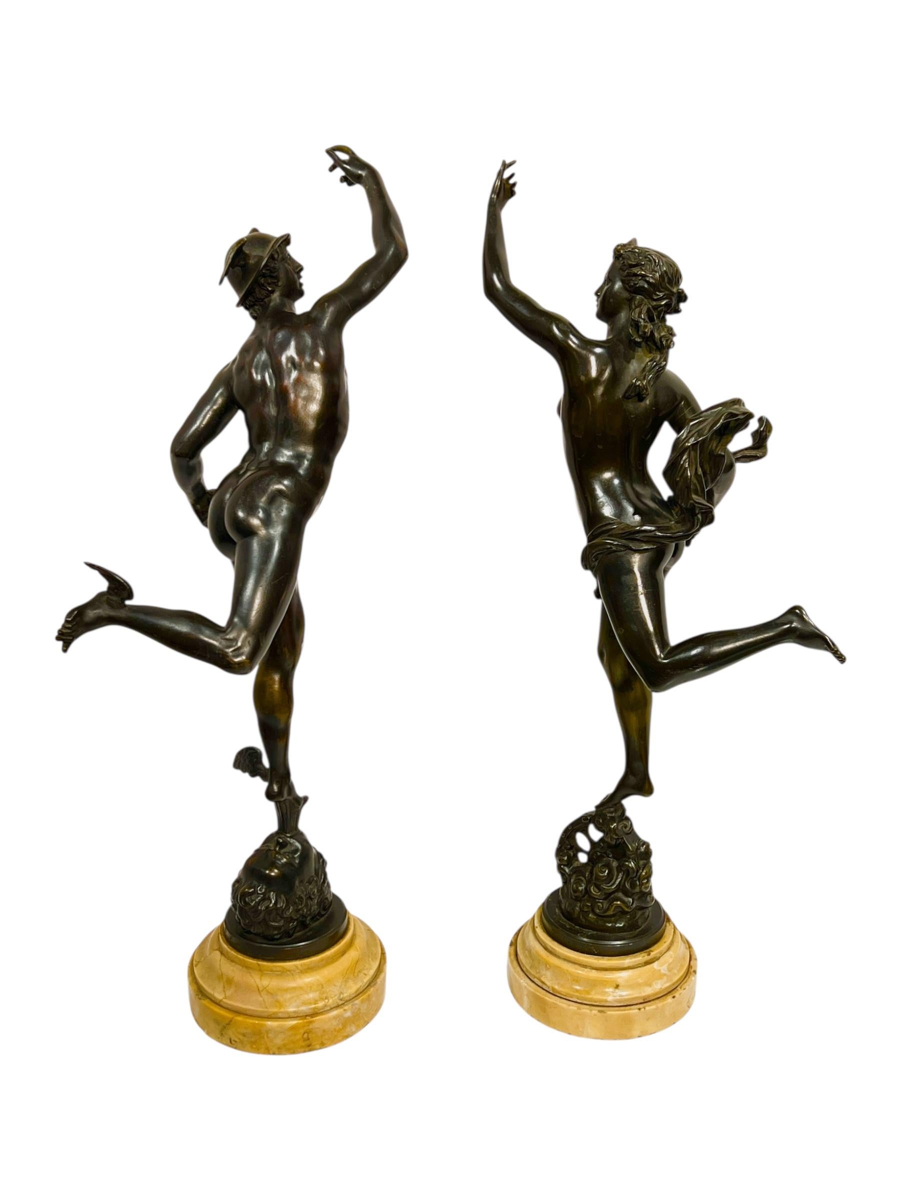 Renaissance Antique Mercury and Fortuna Bronze Sculptures After Giambologna For Sale