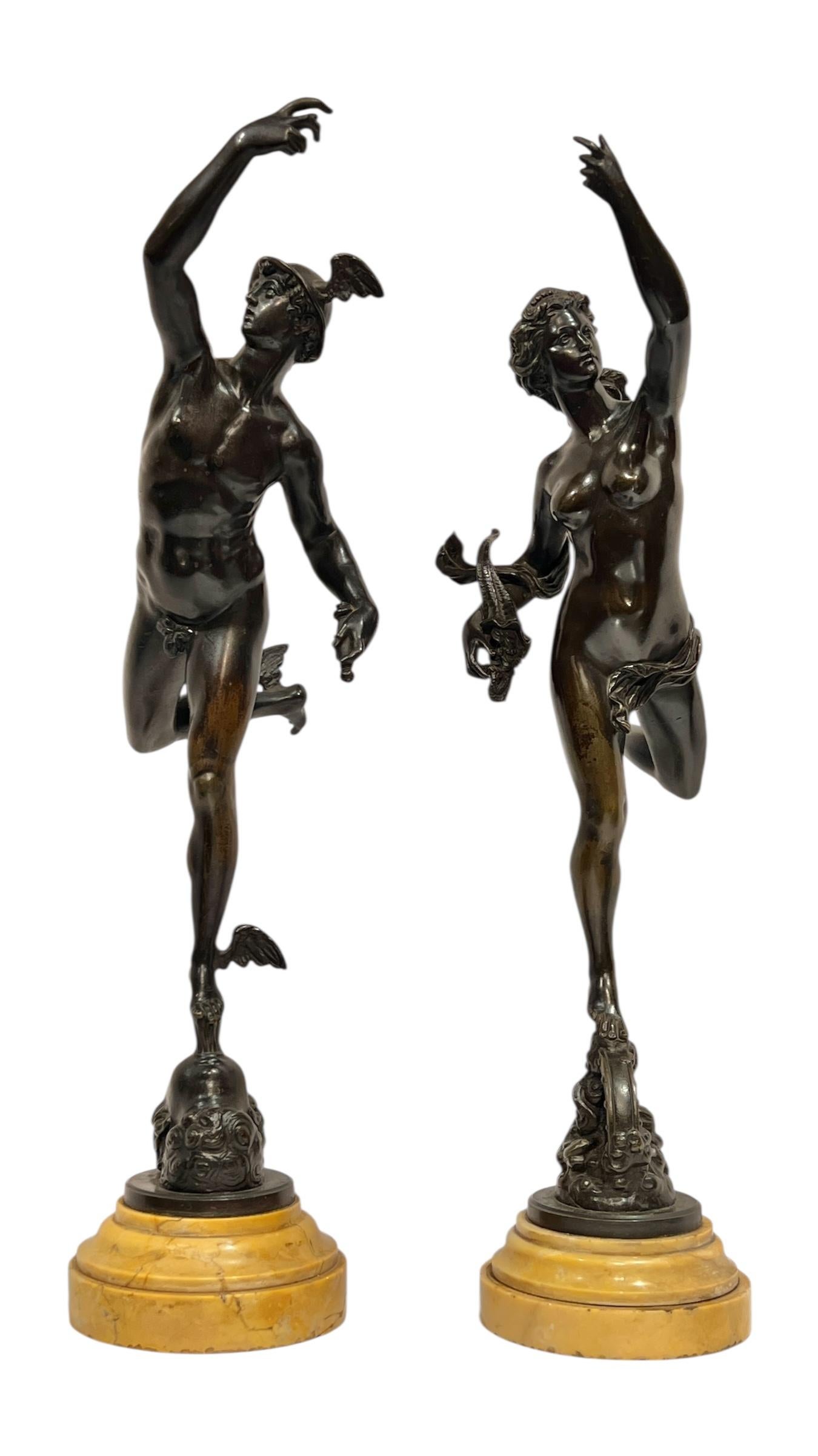 French Antique Mercury and Fortuna Bronze Sculptures After Giambologna For Sale