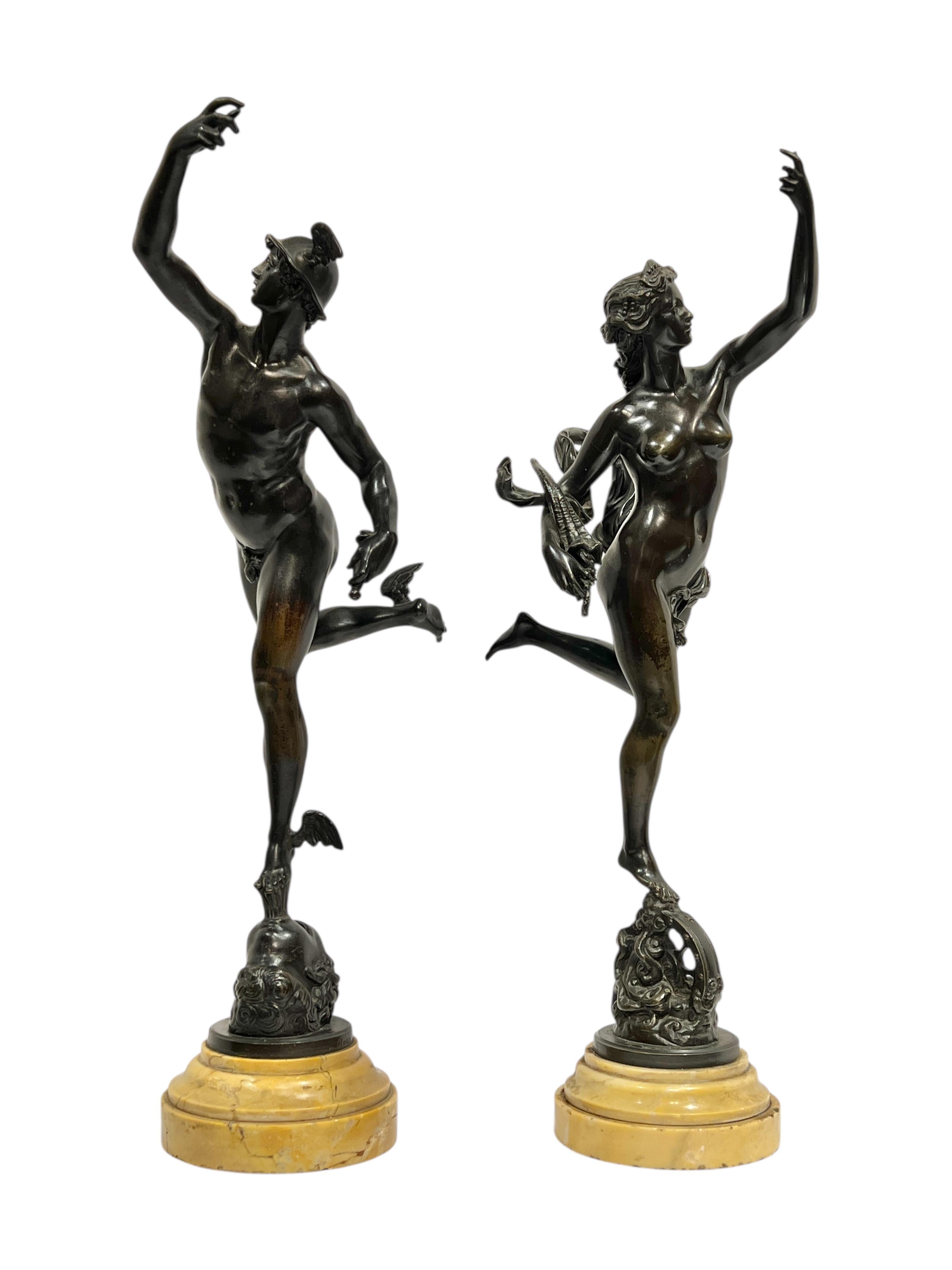 Patinated Antique Mercury and Fortuna Bronze Sculptures After Giambologna For Sale