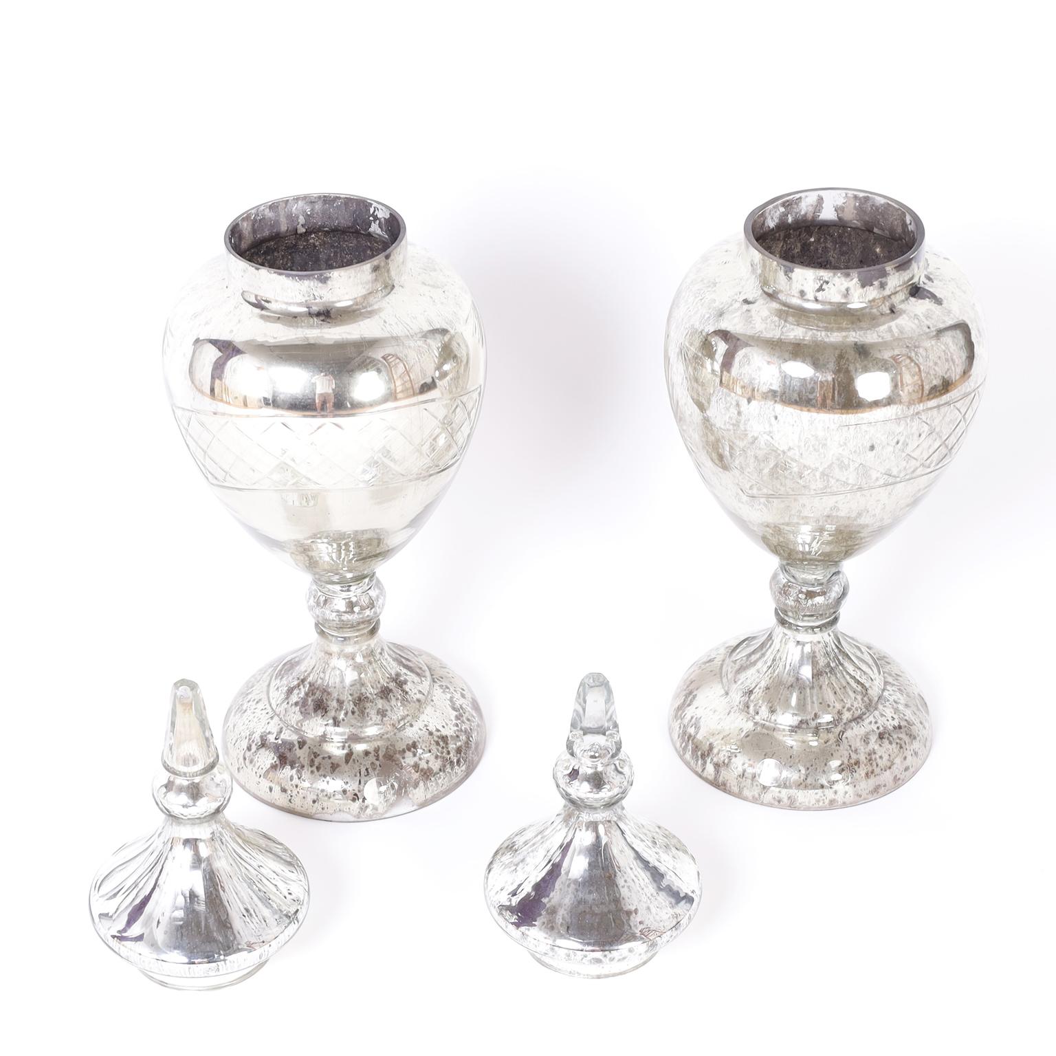 American Antique Mercury Glass Apothecary Urns For Sale