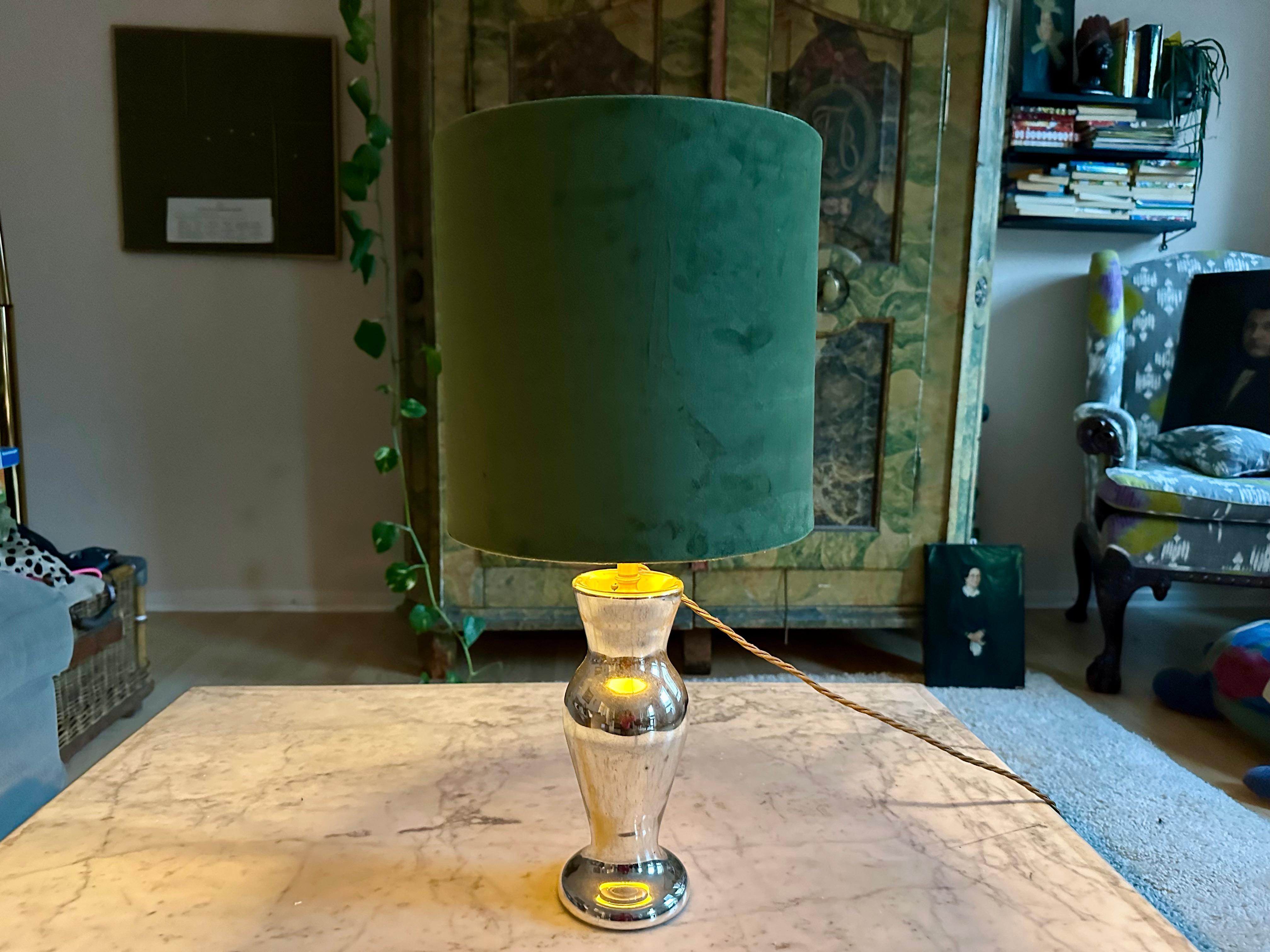 Antique Mercury Glass Table Lamp – Elegant Bauernsilber with Velvet Shade For Sale 7