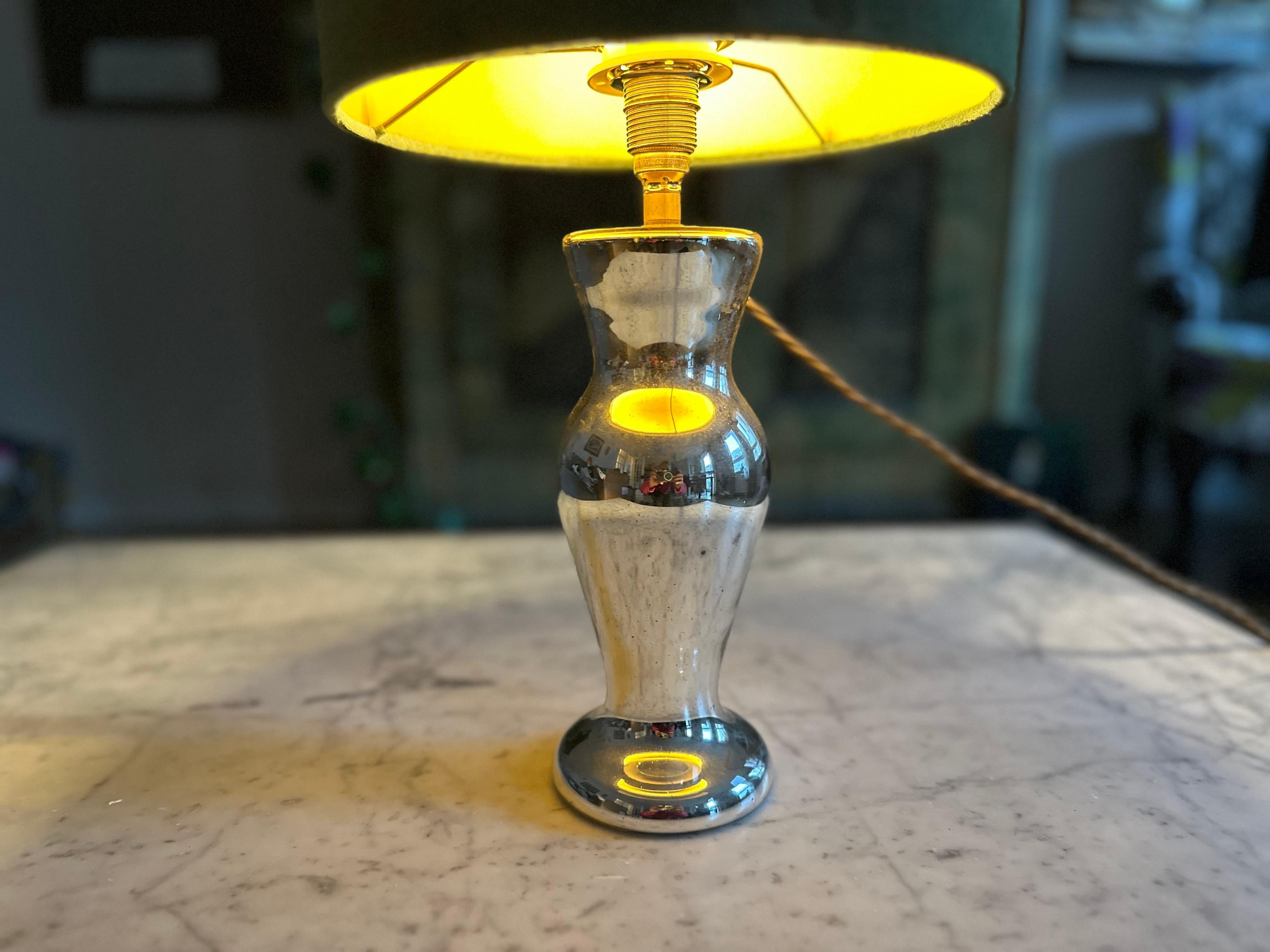 Antique Mercury Glass Table Lamp – Elegant Bauernsilber with Velvet Shade For Sale 9