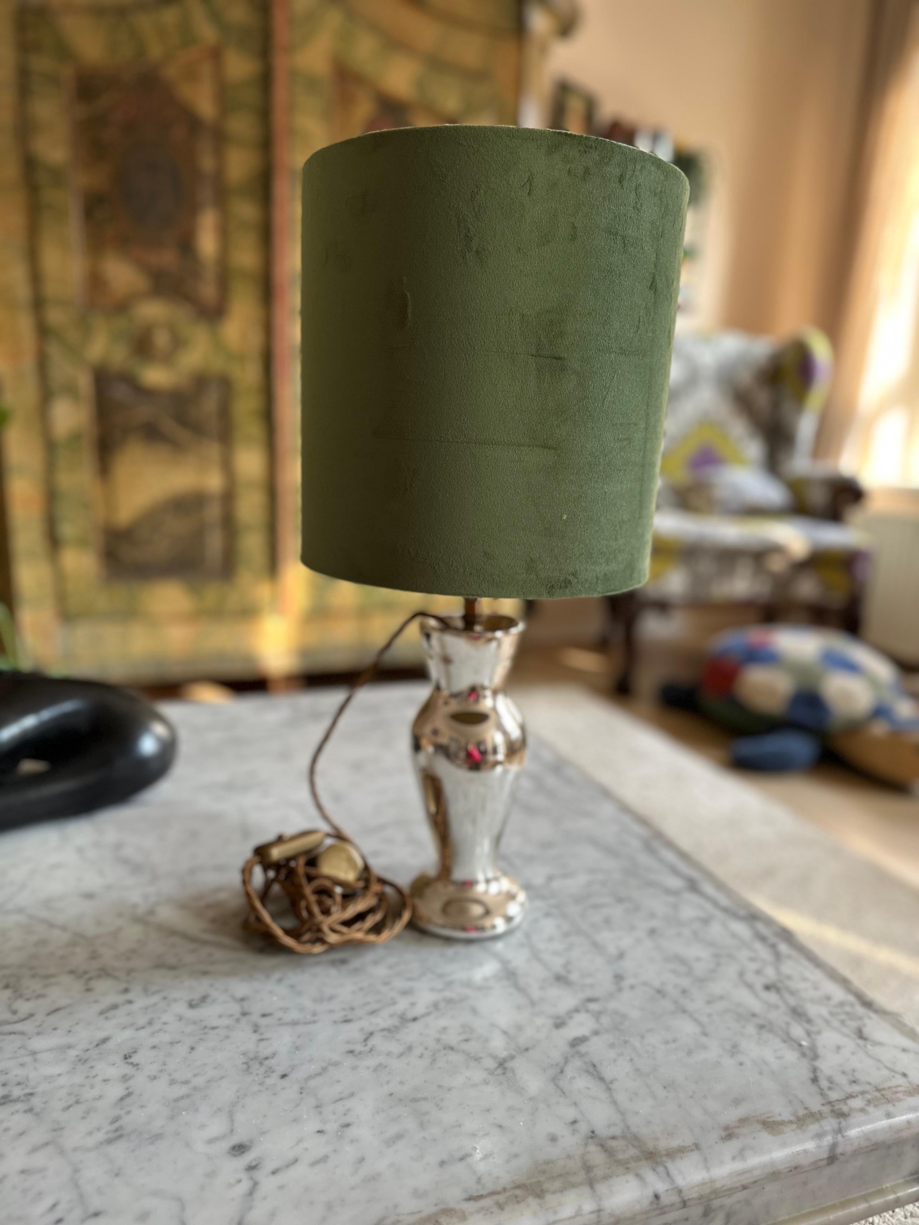 Modern Antique Mercury Glass Table Lamp – Elegant Bauernsilber with Velvet Shade For Sale