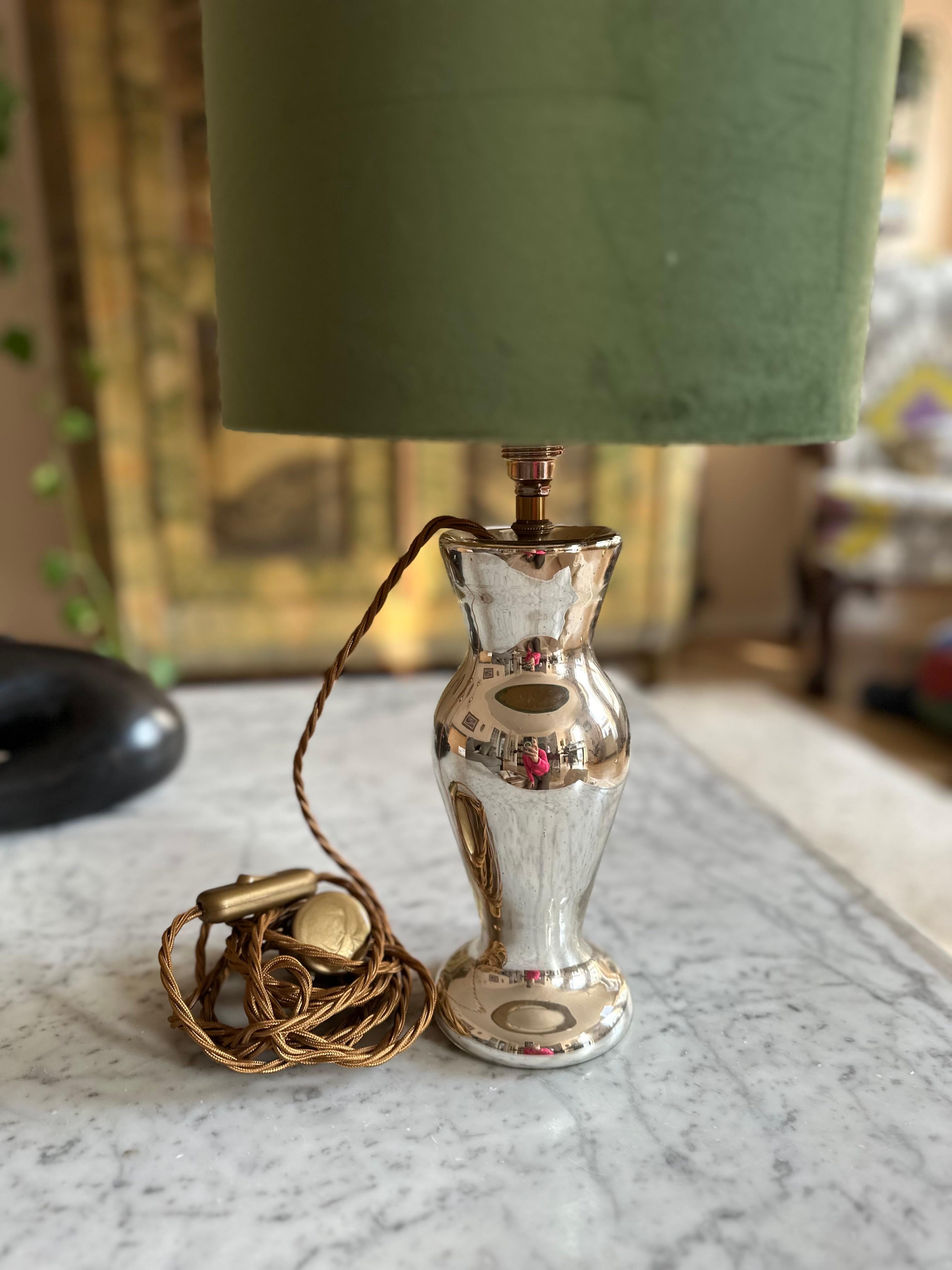 German Antique Mercury Glass Table Lamp – Elegant Bauernsilber with Velvet Shade For Sale