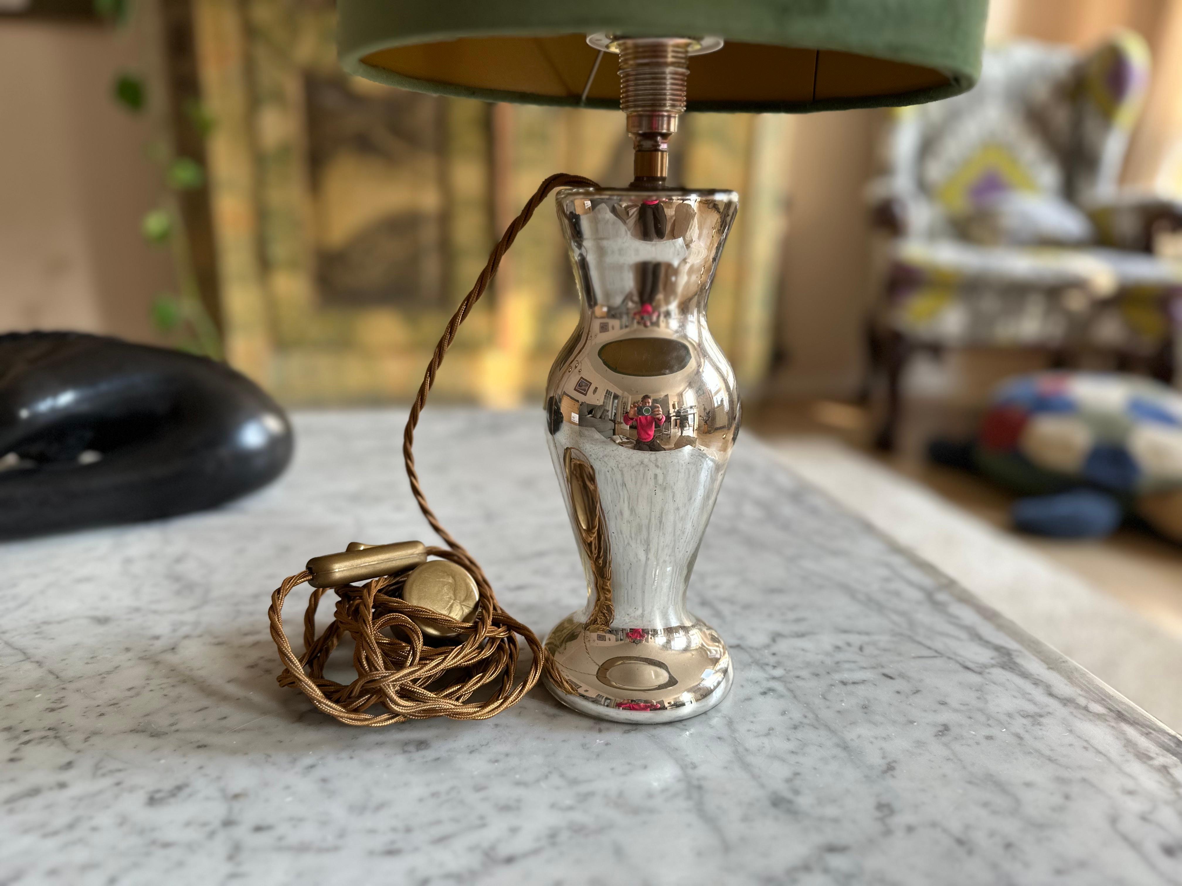 20th Century Antique Mercury Glass Table Lamp – Elegant Bauernsilber with Velvet Shade For Sale