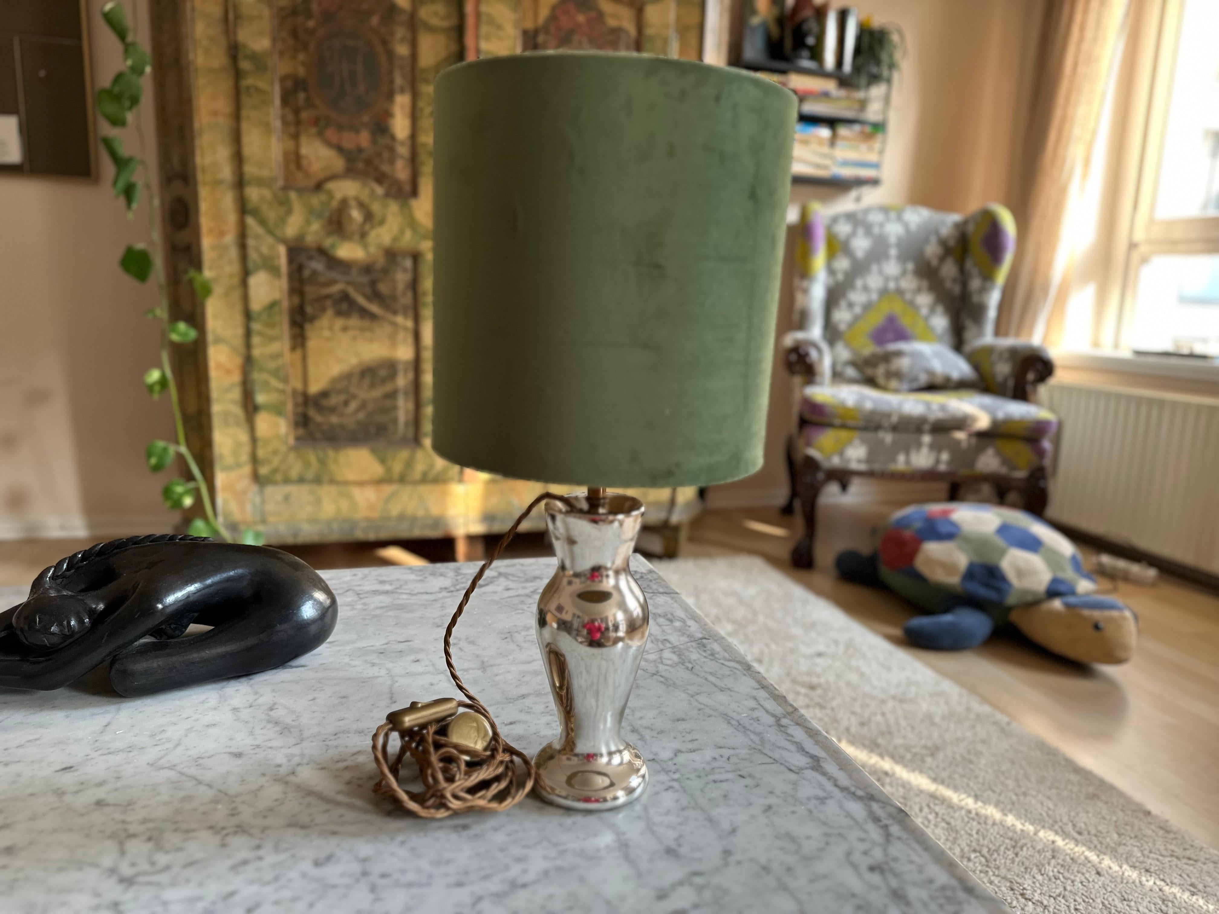 Antique Mercury Glass Table Lamp – Elegant Bauernsilber with Velvet Shade For Sale 1