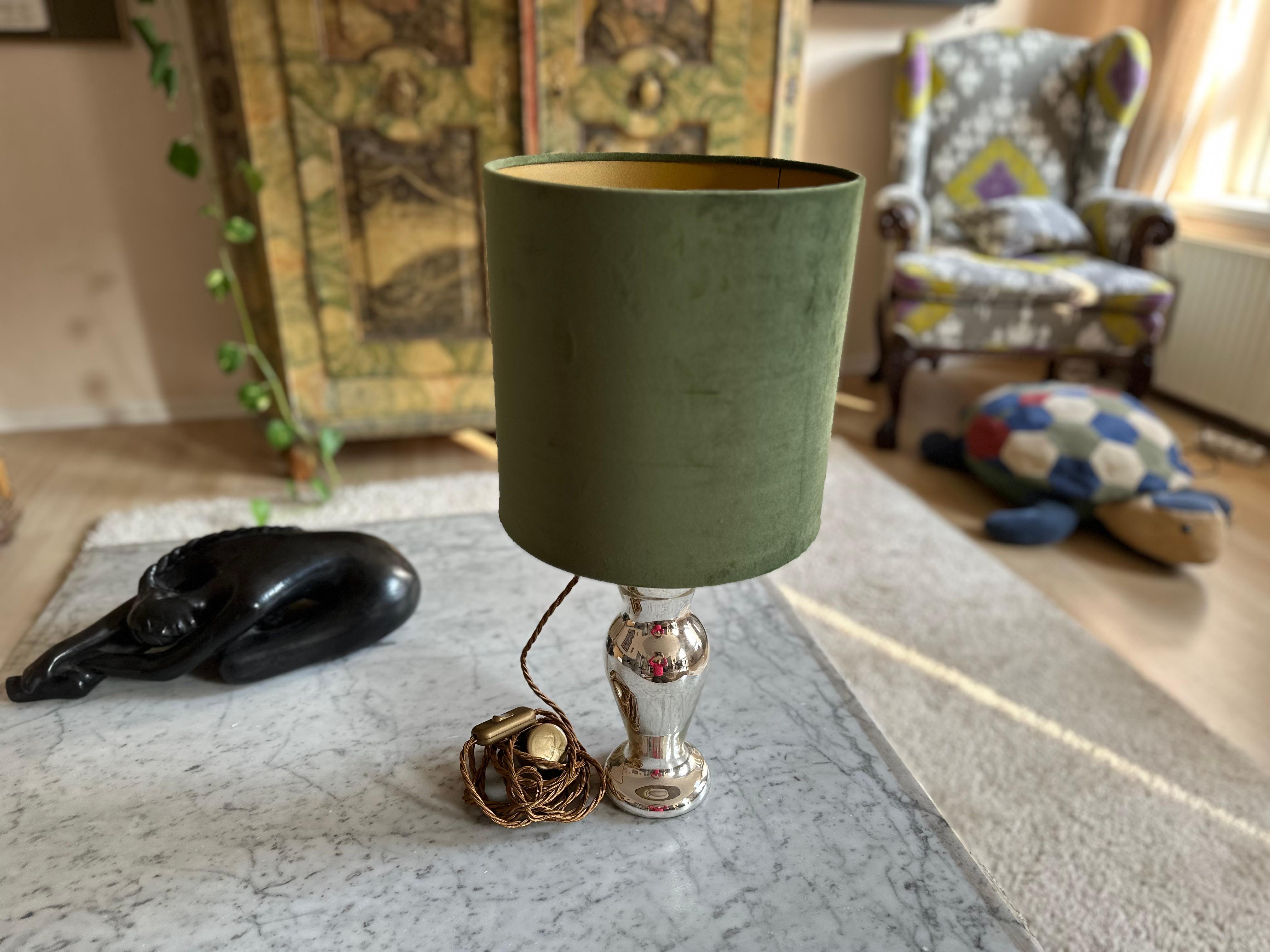 Antique Mercury Glass Table Lamp – Elegant Bauernsilber with Velvet Shade For Sale 2