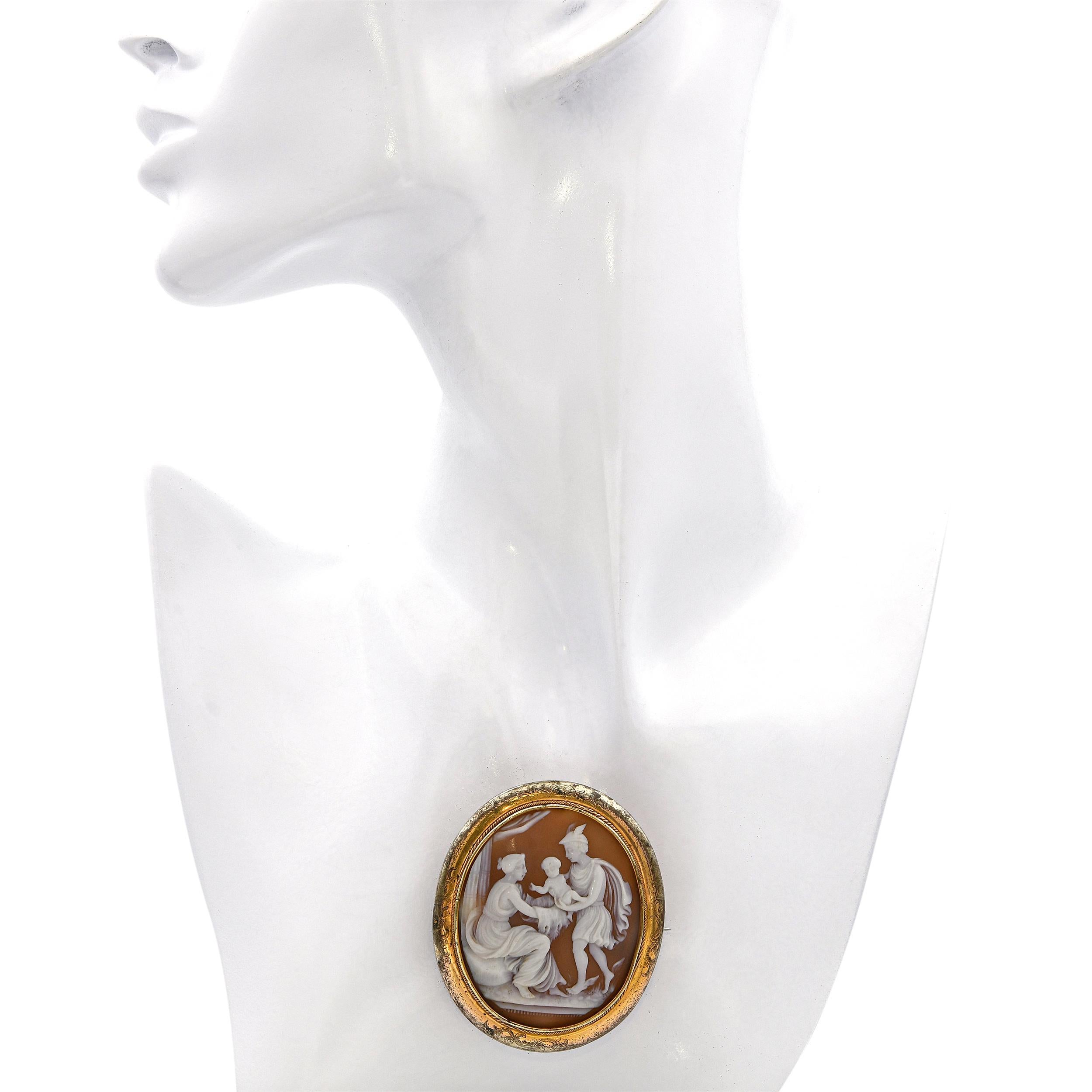 Neoclassical Antique Mercury Presenting an Infant Shell Cameo Brooch For Sale