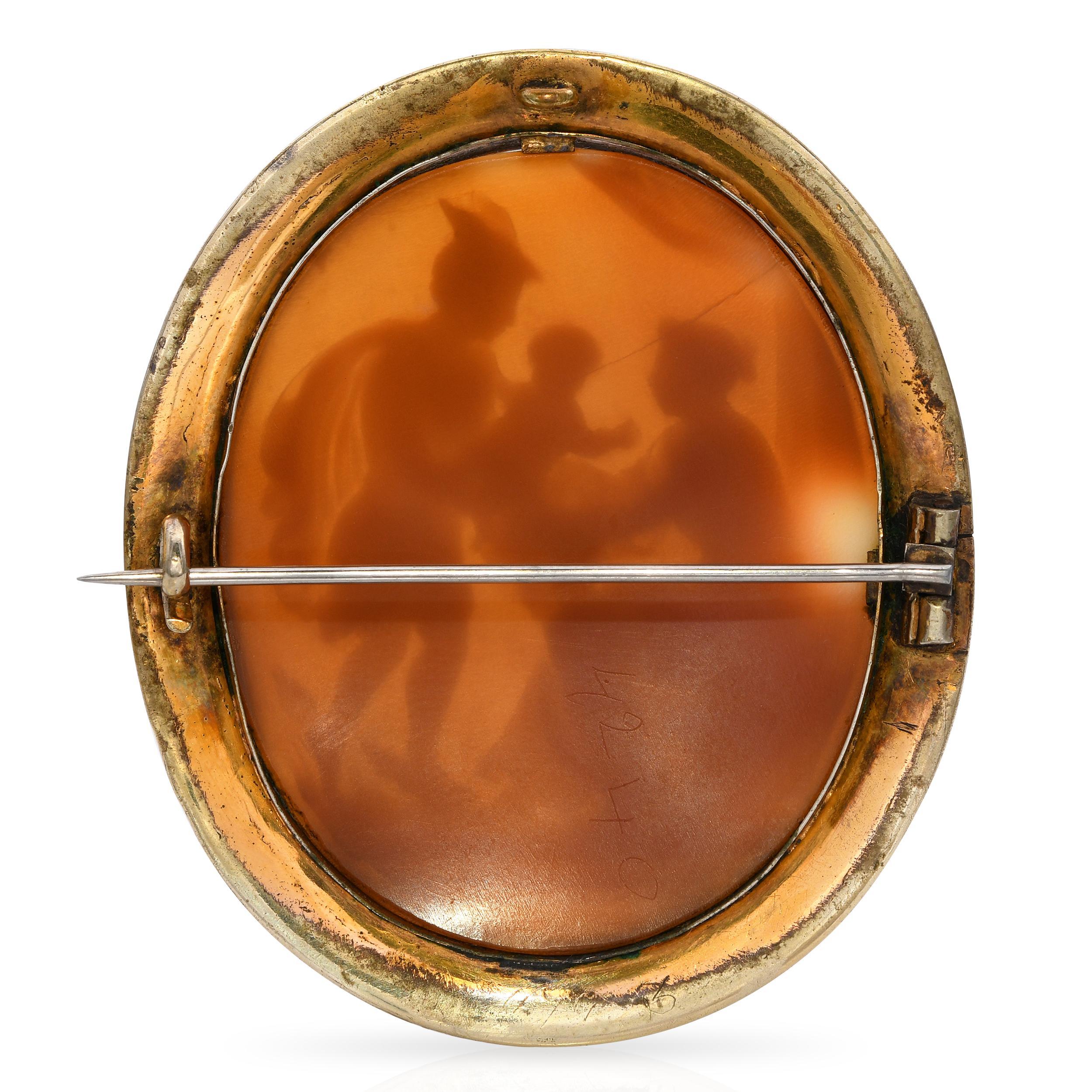 Antique Mercury Presenting an Infant Shell Cameo Brooch In Good Condition For Sale In New York, NY
