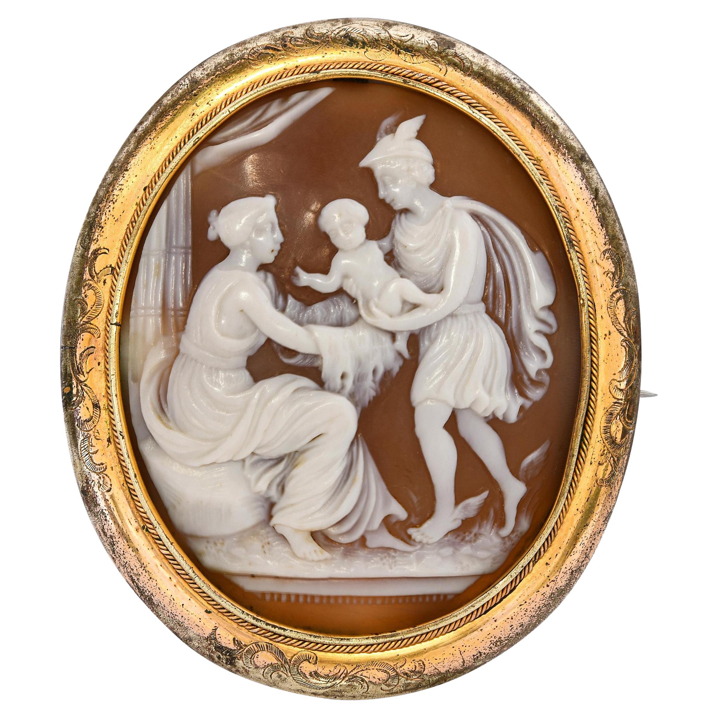 Antique Mercury Presenting an Infant Shell Cameo Brooch For Sale