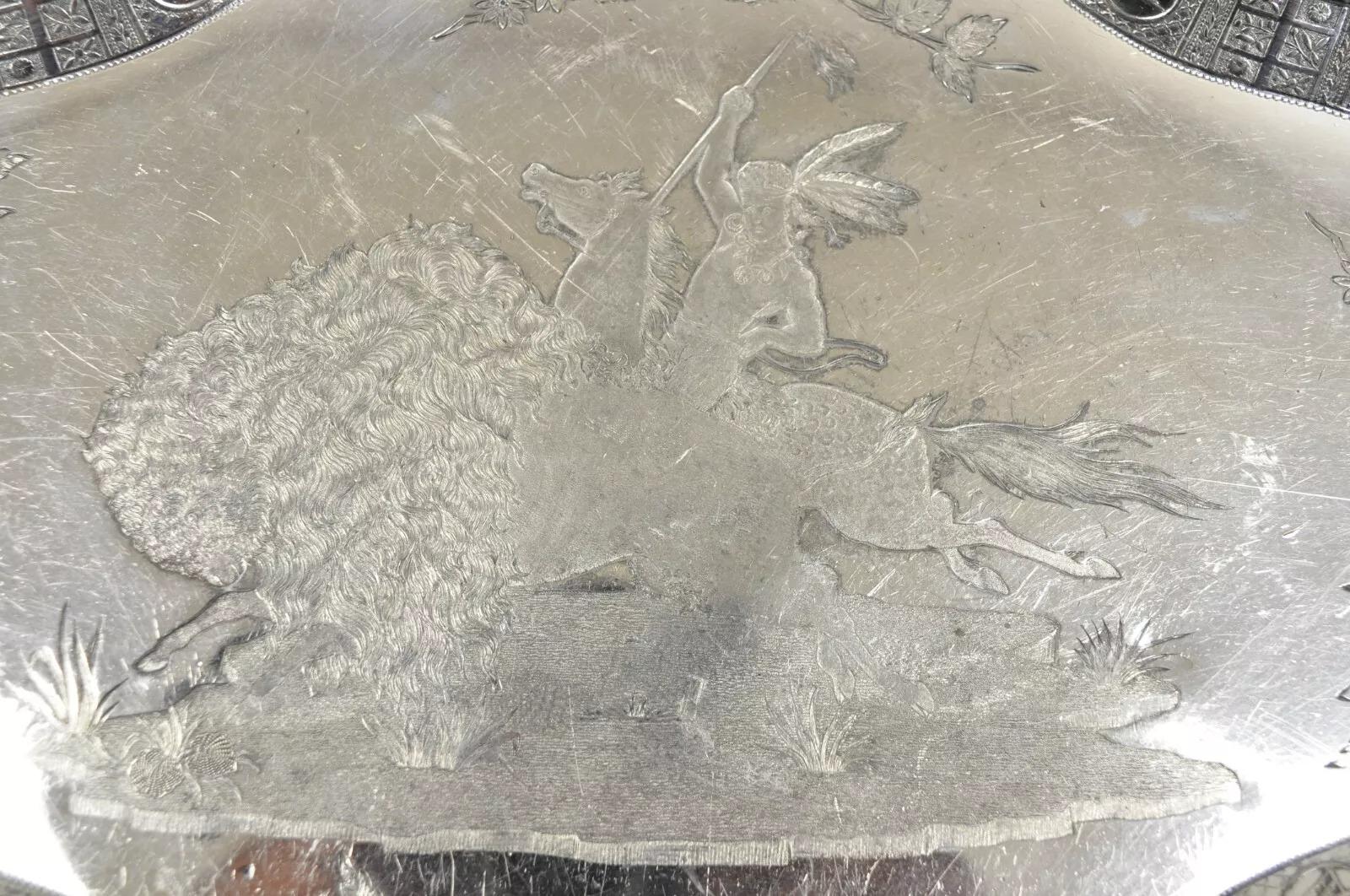 Bandeja antigua Meriden Silver Plate Co Art Decó Búfalo de agua nativo americano en venta 2