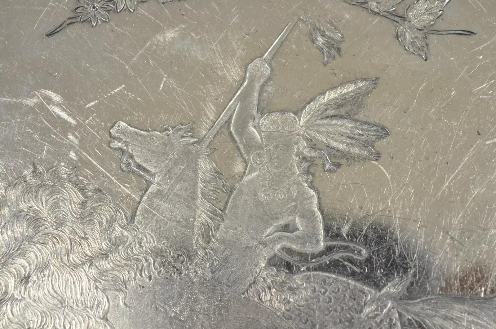 Bandeja antigua Meriden Silver Plate Co Art Decó Búfalo de agua nativo americano en venta 3