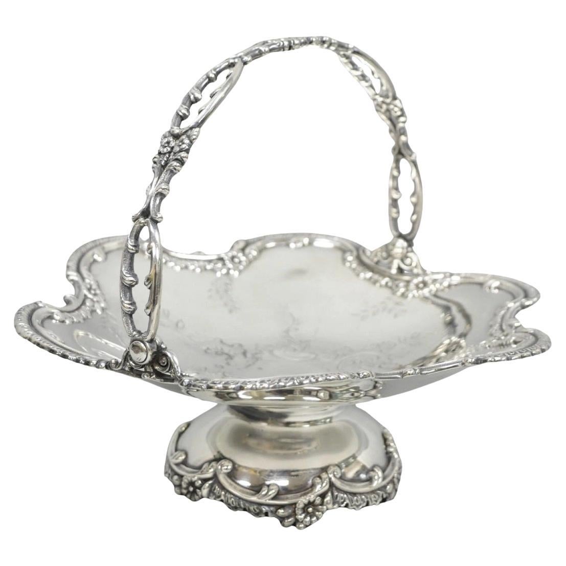 Antique Meriden Silver Plated Floral Repousse Pedestal Brides Wedding Basket