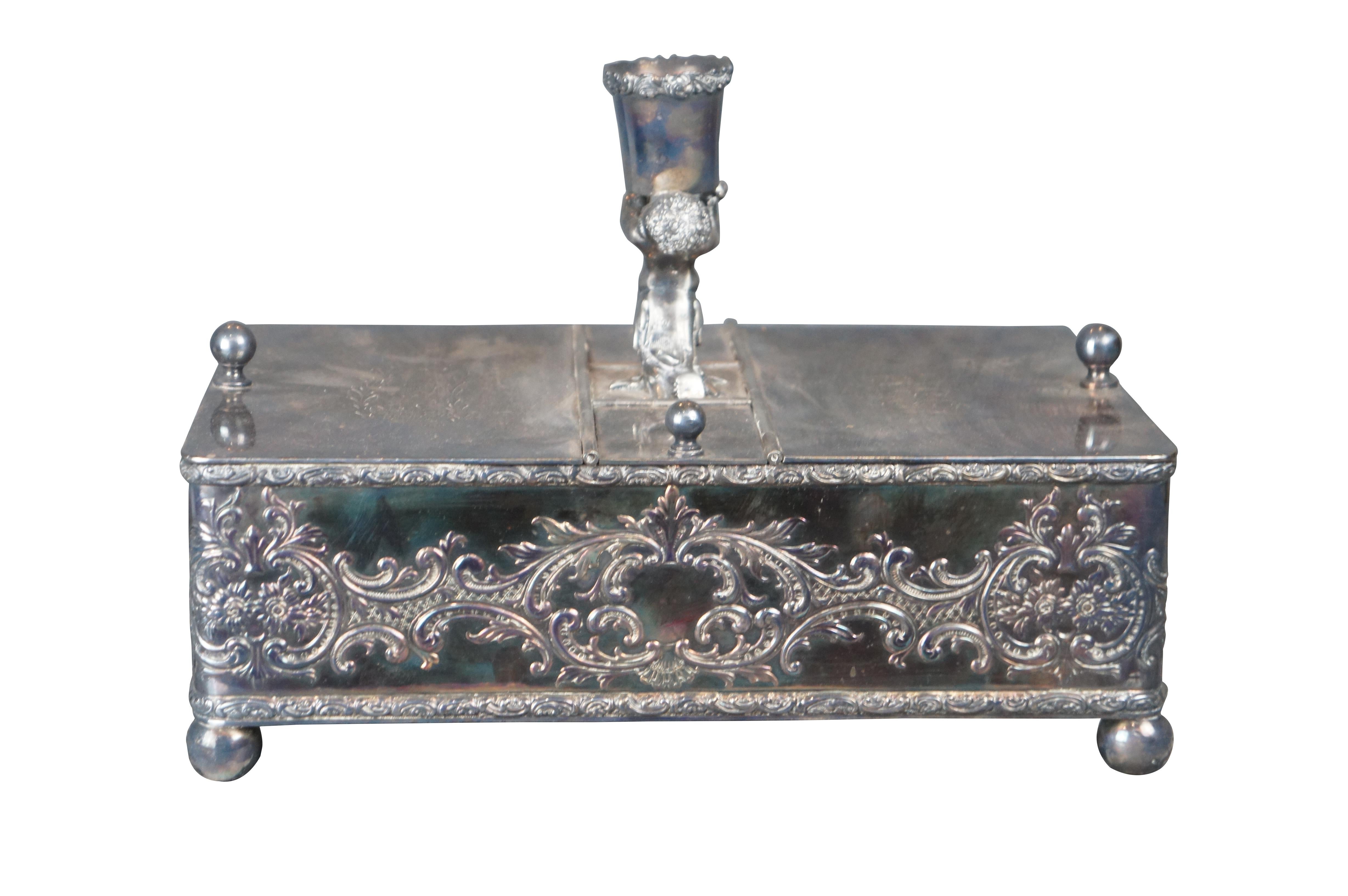 Antique Meriden Victorian Silverplate Divided Humidor Box Figural Candlestick In Good Condition For Sale In Dayton, OH