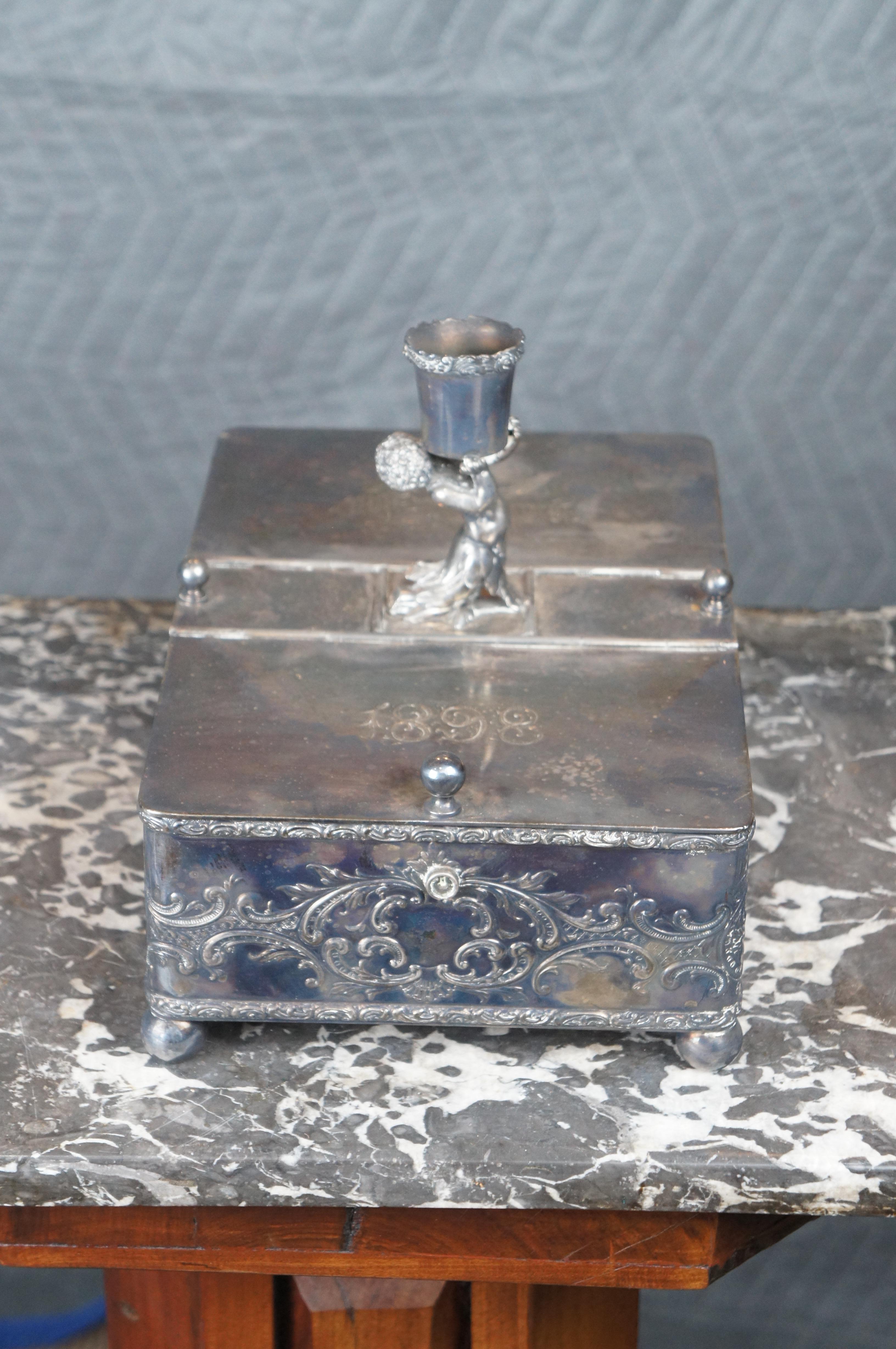 Late 19th Century Antique Meriden Victorian Silverplate Divided Humidor Box Figural Candlestick For Sale