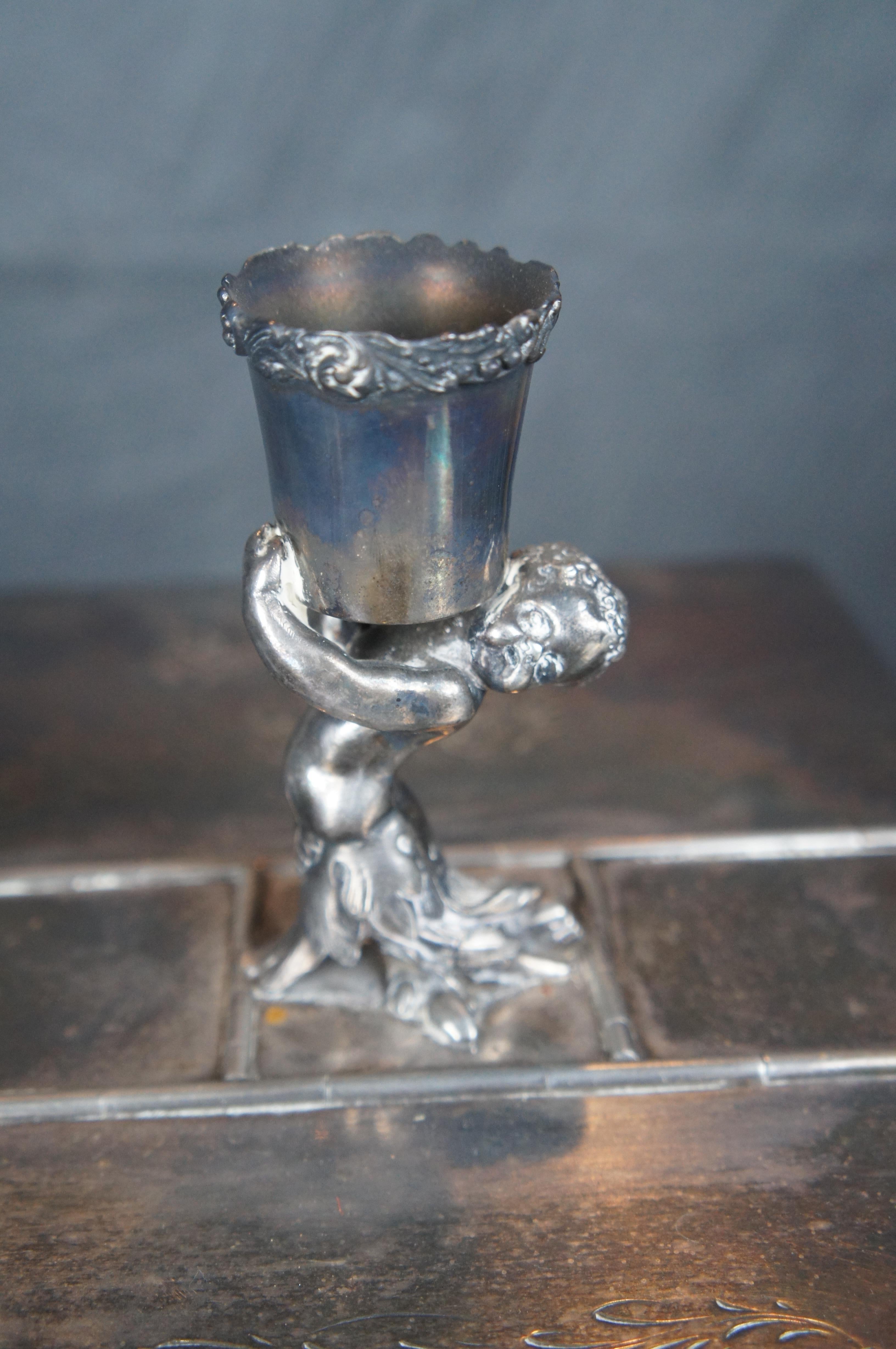 Antique Meriden Victorian Silverplate Divided Humidor Box Figural Candlestick For Sale 3