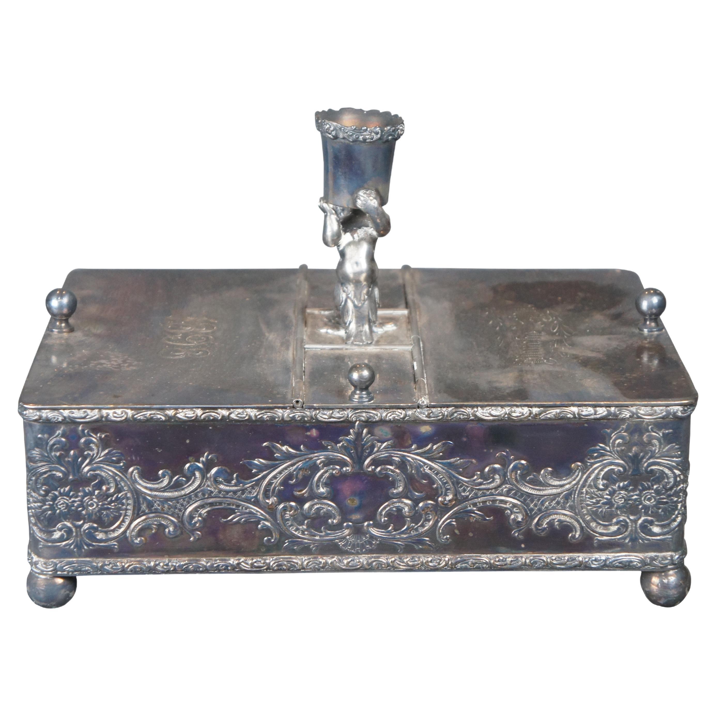 Antique Meriden Victorian Silverplate Divided Humidor Box Figural Candlestick For Sale
