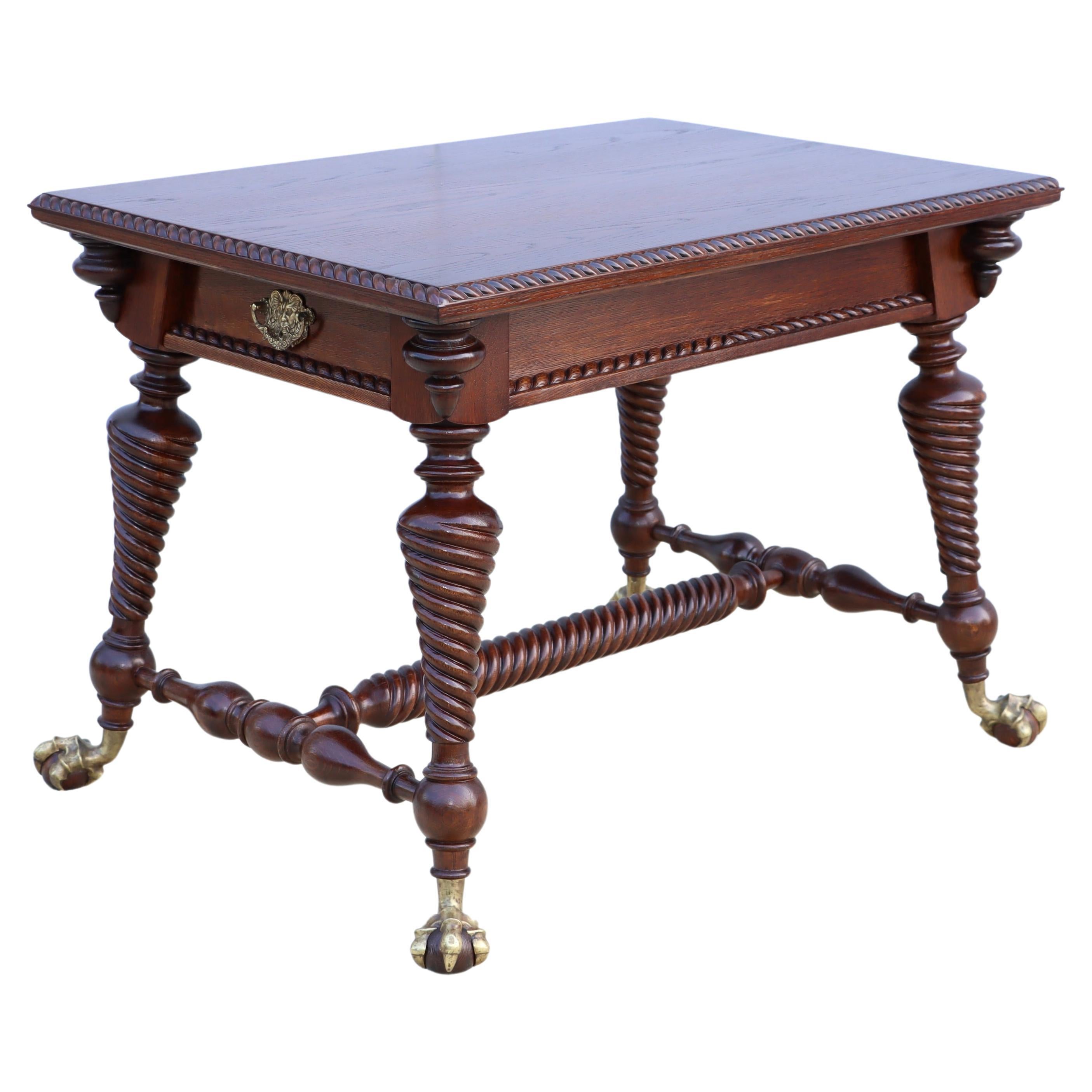 Antique Merklin Oak Library Table With Claw Bronze Feet