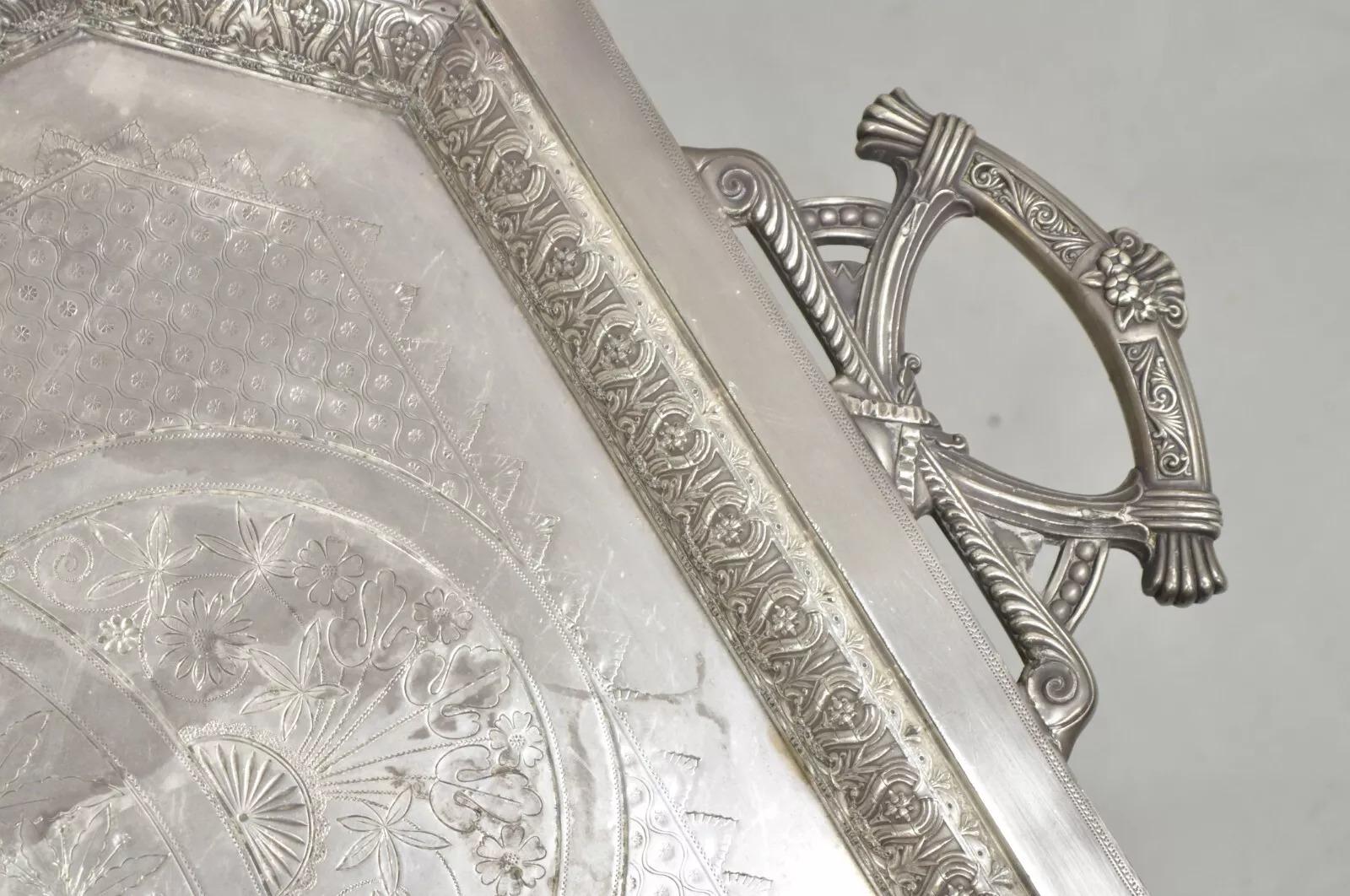 Antiguo Mermod Jaccard & Co Art Nouveau Pájaro Grulla Plateado Bandeja de mayordomo en venta 1