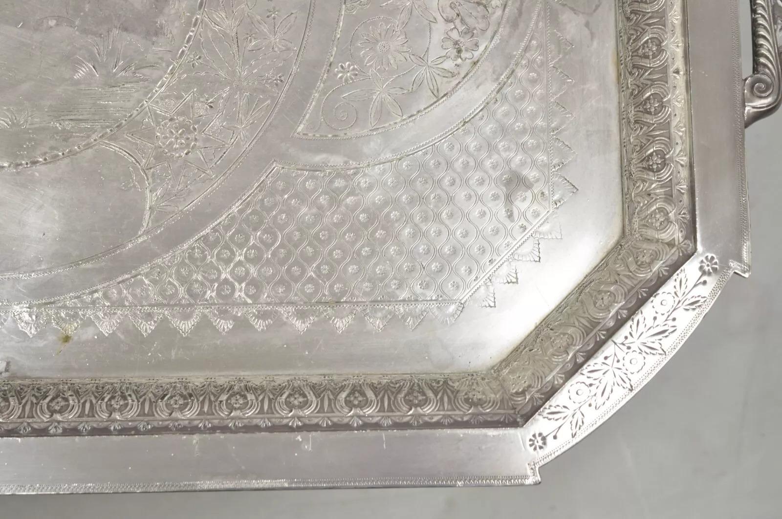 Antiguo Mermod Jaccard & Co Art Nouveau Pájaro Grulla Plateado Bandeja de mayordomo en venta 2