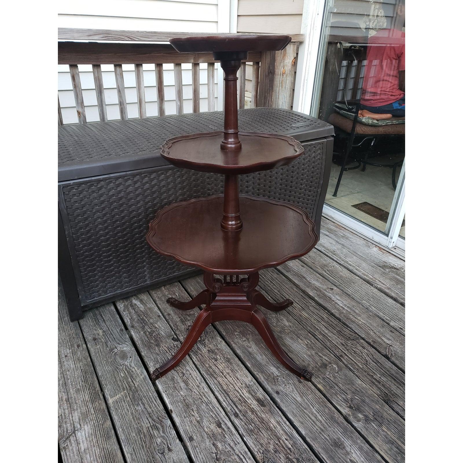 British Colonial Antique Mersman Mahogany Lyre Base 3 Tier Dumbwaiter Table For Sale