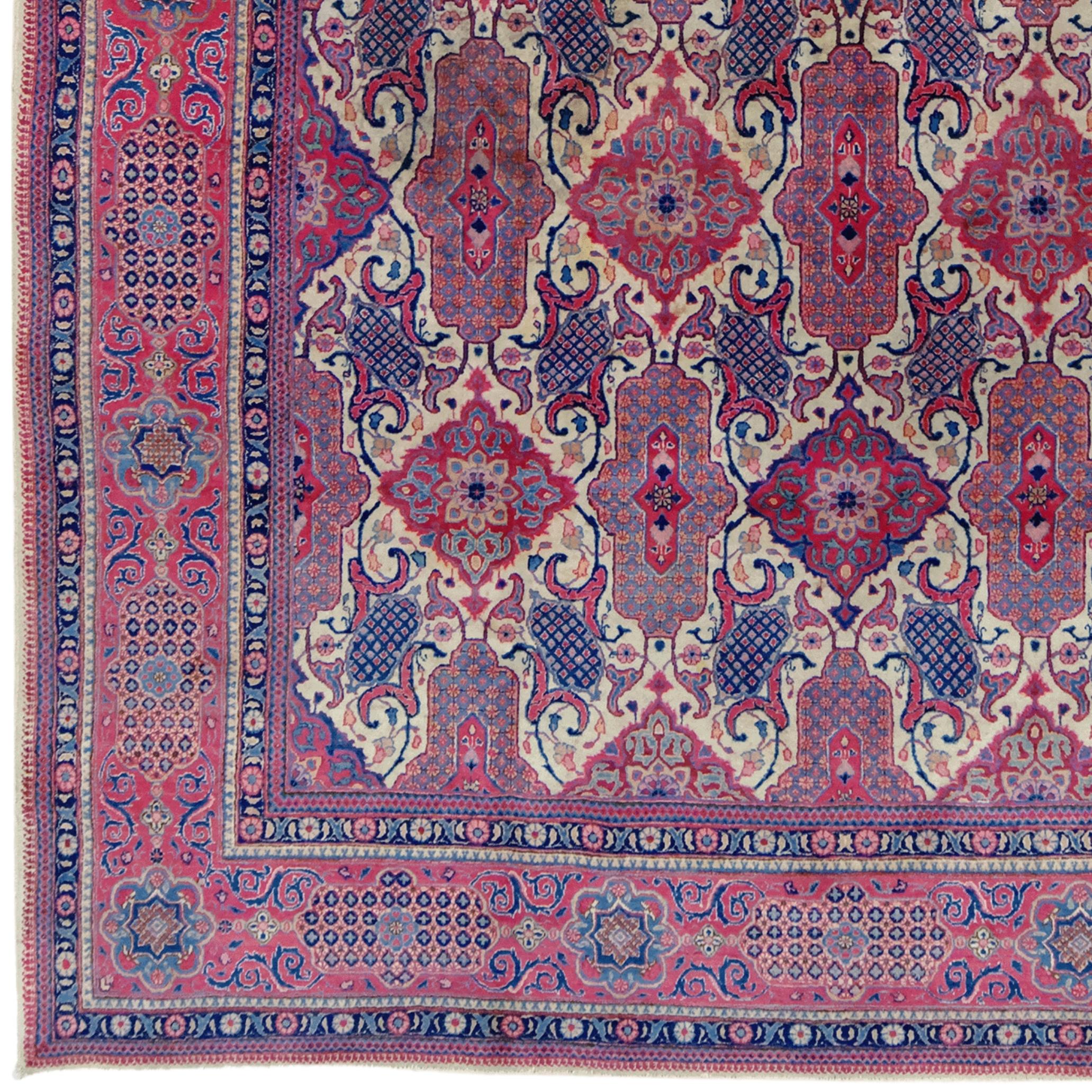 This magnificent antique meshed carpet is a rare and valuable collectible from the early 20th century. Its striking colors, elegant patterns, and exquisite craftsmanship make it a remarkable example of the region's rich cultural heritage. The