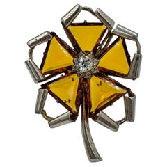 Antique metal and glass flower fur brooch