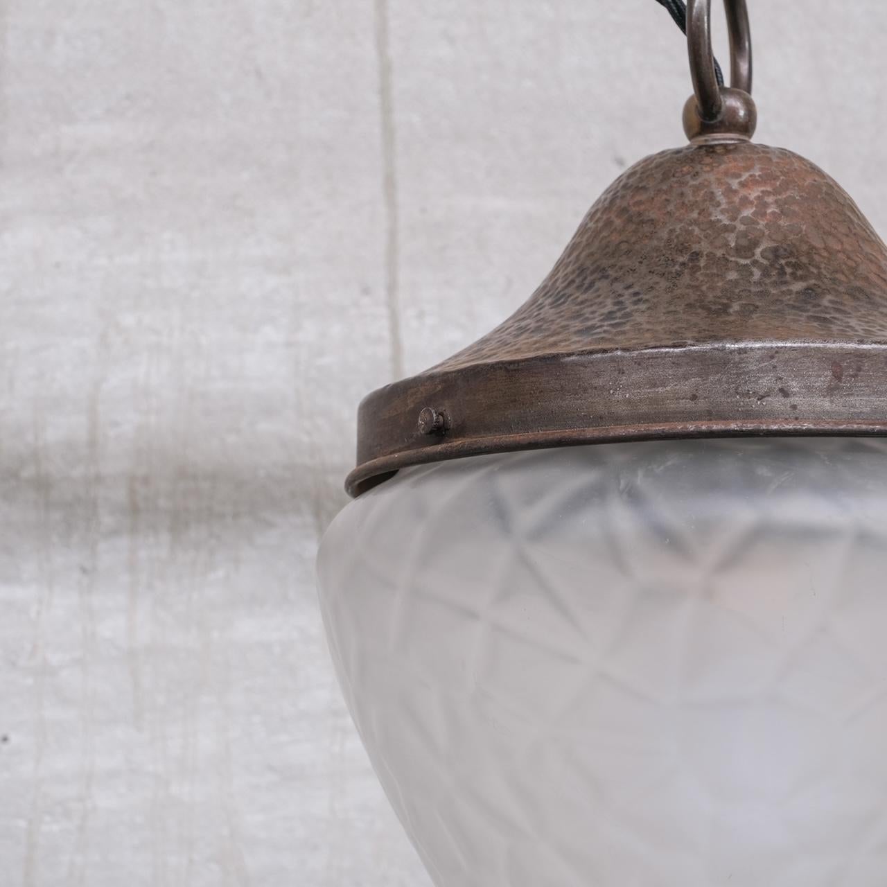 French Antique Metal and Opaque Glass Pendant Light For Sale