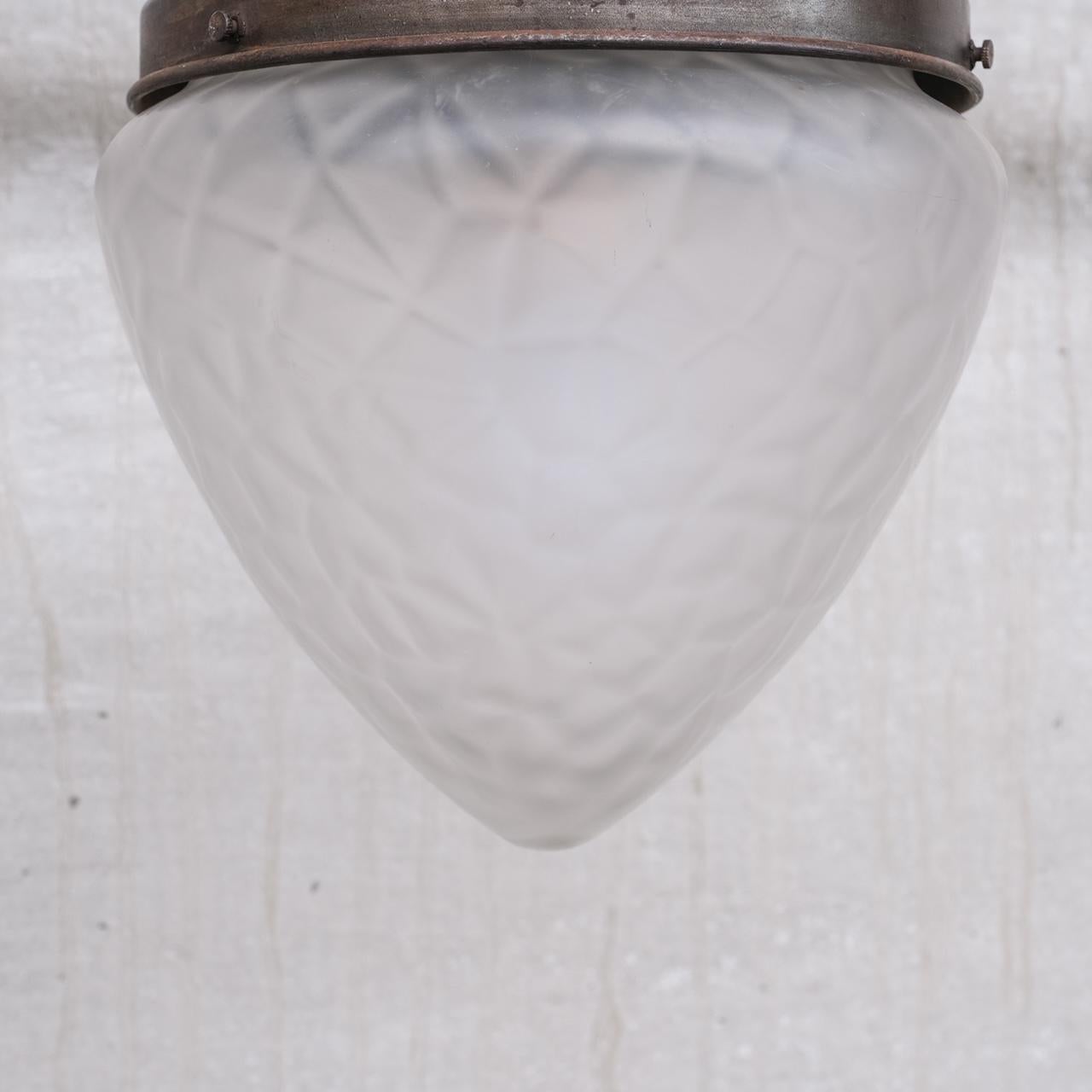 Mid-20th Century Antique Metal and Opaque Glass Pendant Light For Sale
