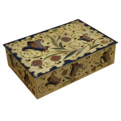 Antique Metal Arts & Crafts Glove & Scarf Box with Colorful Decor of Flowers