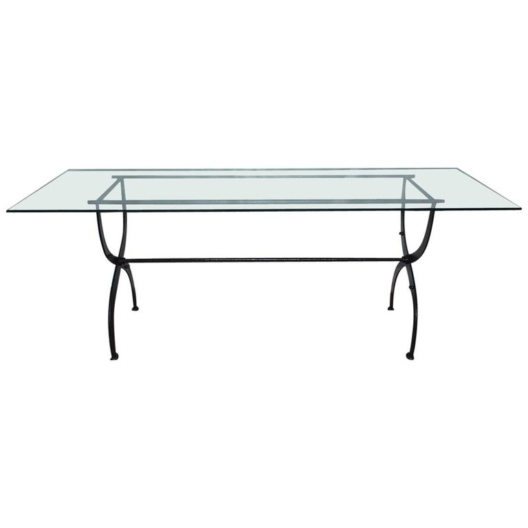Antique Metal Base Garden Dining Table with Glass Top For Sale at 1stDibs