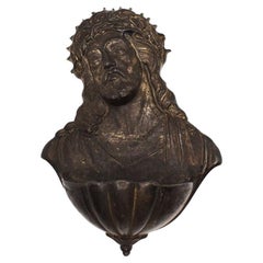 Antique Metal Catholic Wall Holy Water Font Depicting Christ