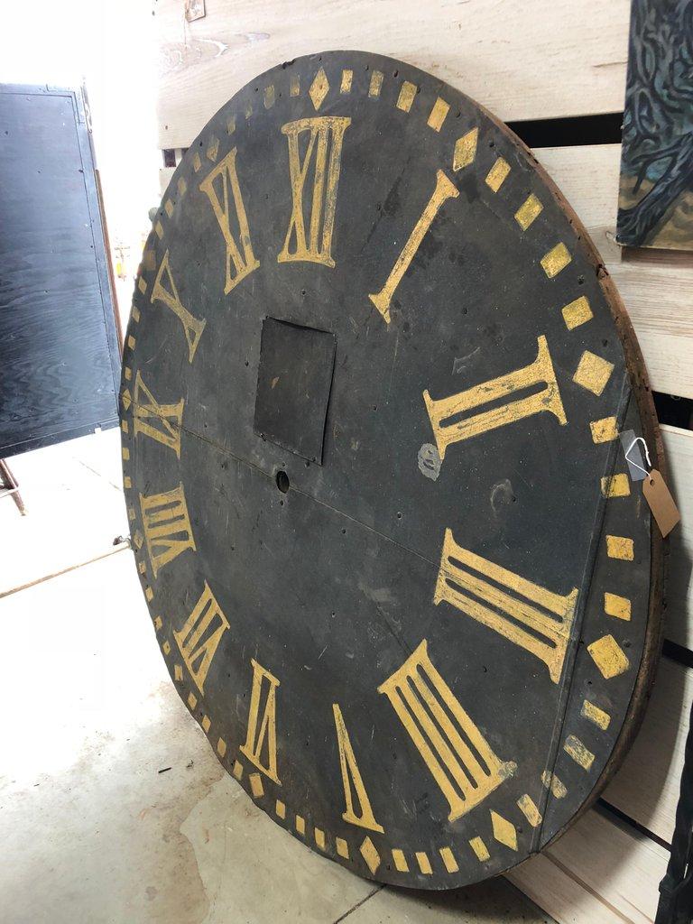 Over 5ft diameter antique hand painted metal Clock face with wooden back. It came from Ohio.