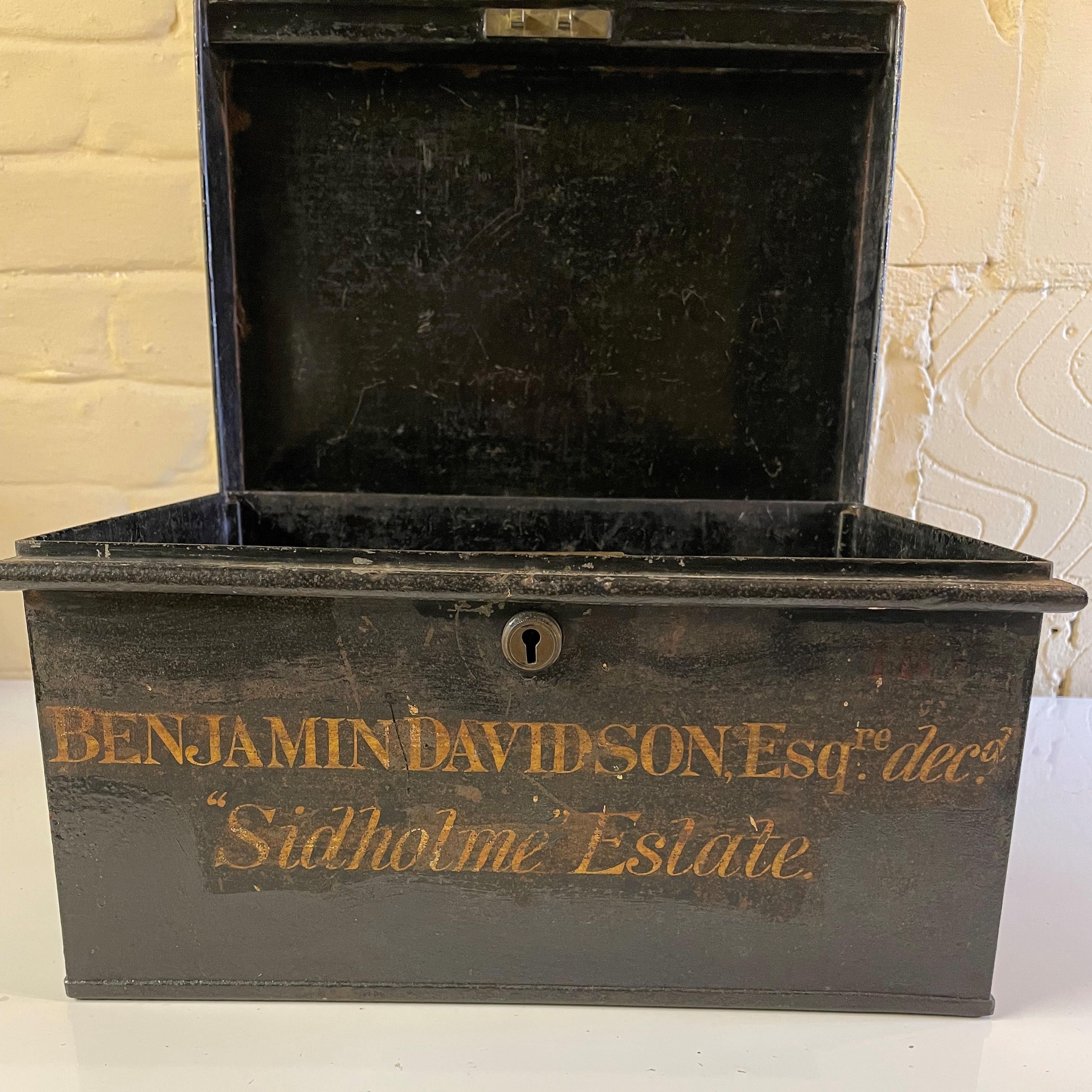 An early 20th-century deed box. The painted black finish displays a desirable aged patina and the original copperplate lettering naming The Sidhholme Estate is especially decorative. 

The box is adorned with flush-fitting drop handles to each
