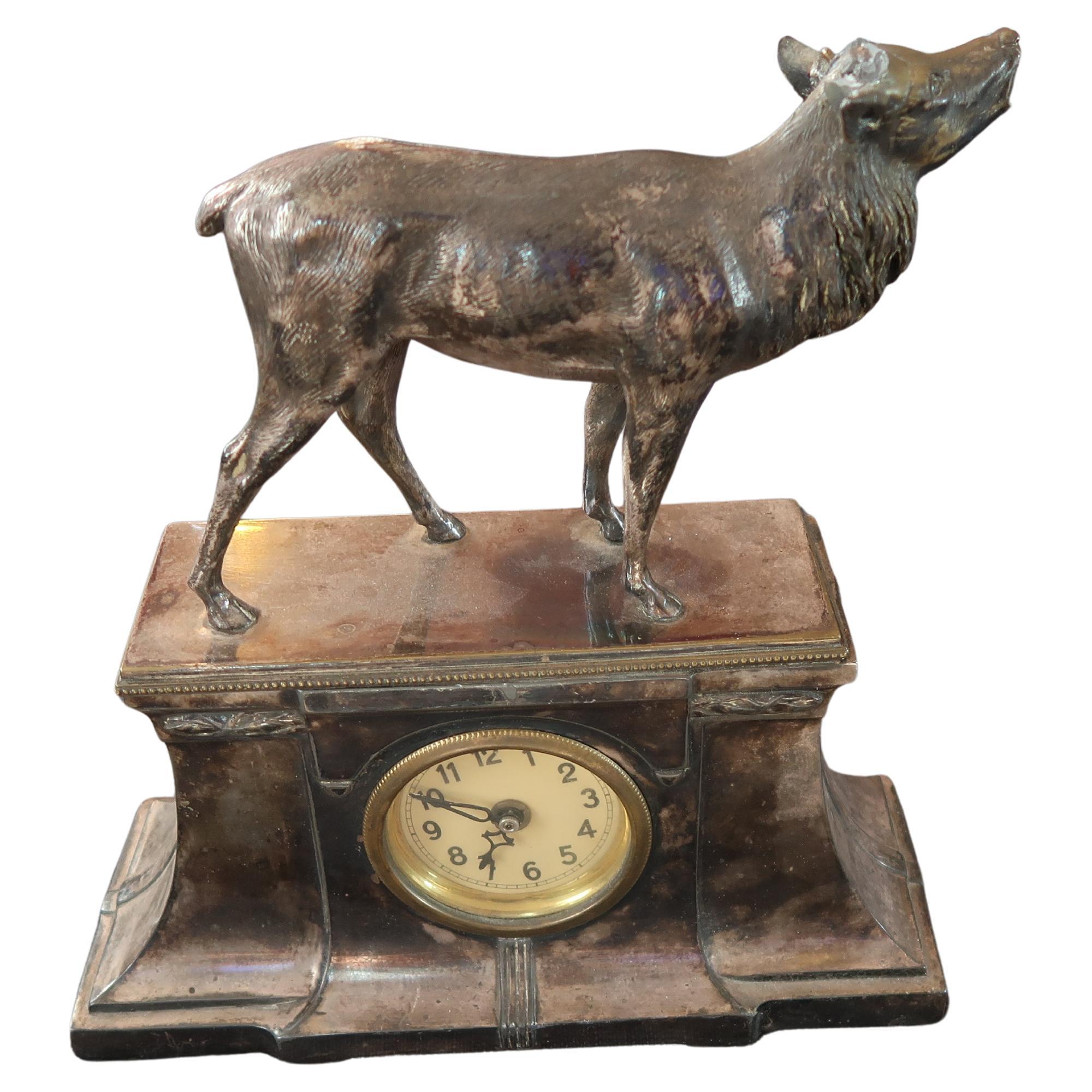 Antique Metal Deer Clock, 12" x 12.2" x 4.7", 6.8 lbs, 2C07 For Sale