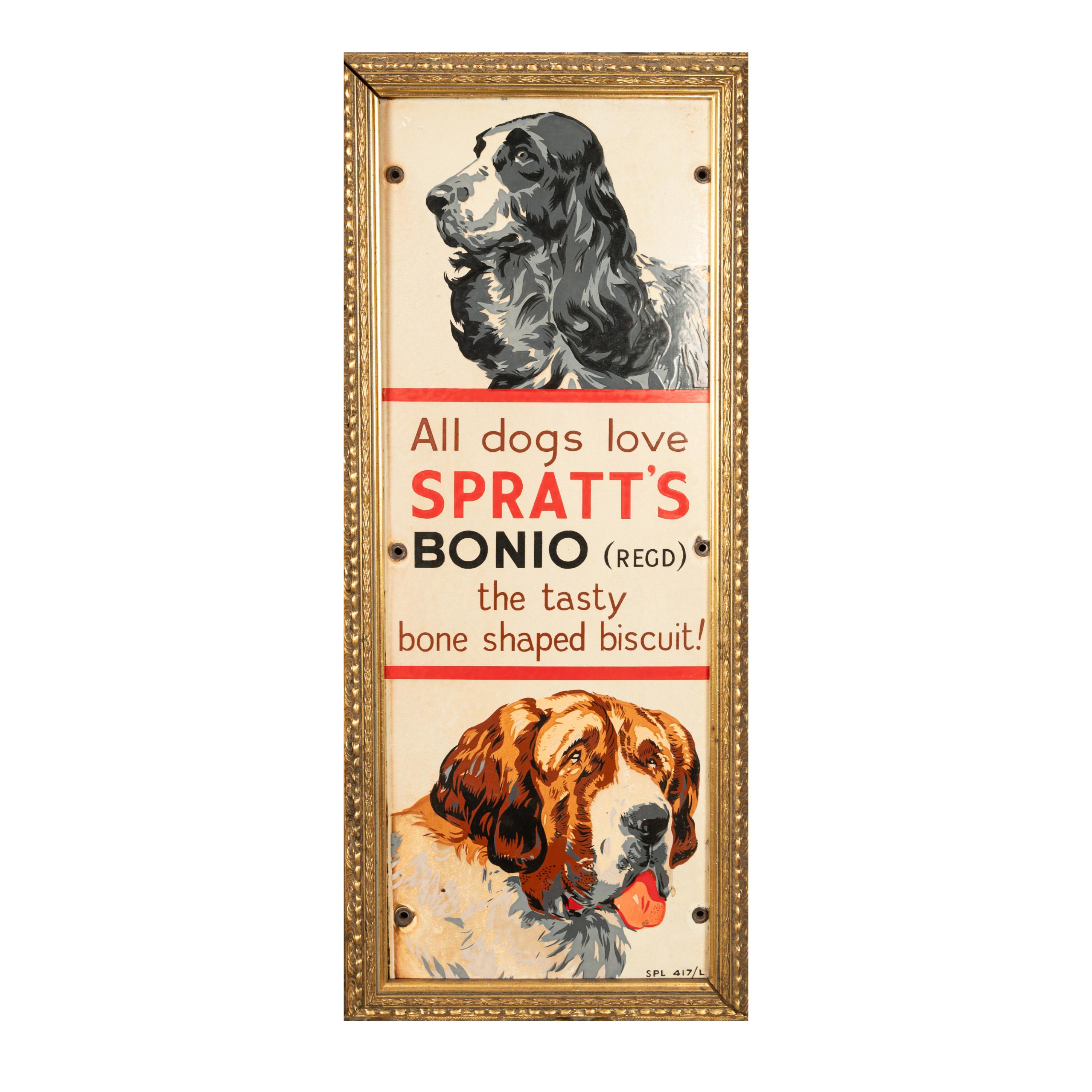 A very rare antique enamel on tin lithographic Adertising sign for Spratt's Bonio dog biscuits, circa 1910.
This wonderful advertising sign, has the lengend 