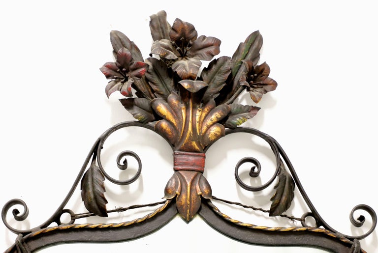 Antique Metal Framed Wall Mirror with Floral Motif For Sale at 1stDibs