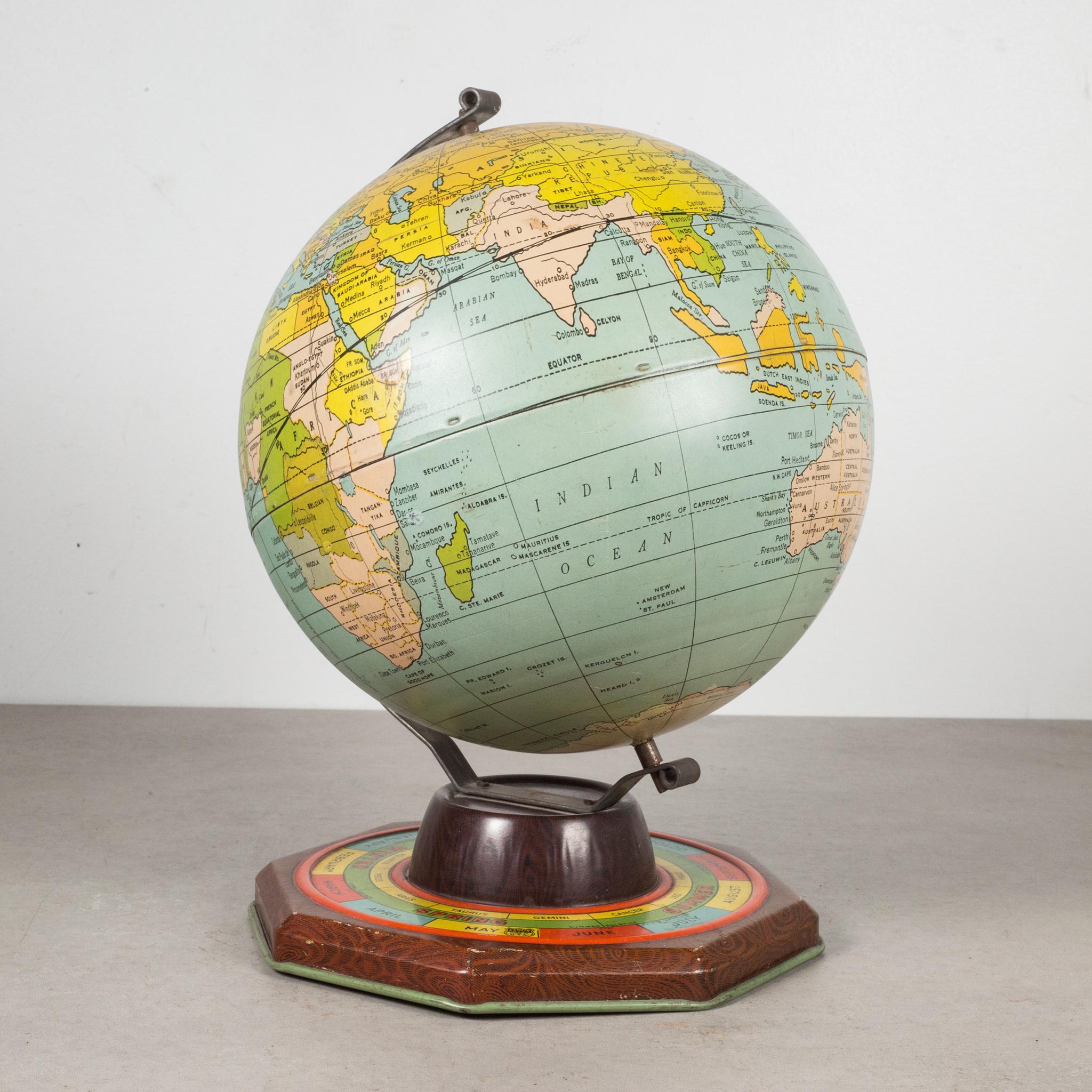About

An antique all metal game globe with months, seasons and the zodiak on the base.

 Creator J. Chein & Co.
Date of manufacture c.1930s.
Materials and techniques tin.
Condition good. Wear consistent with age and use.
Dimensions: H 10