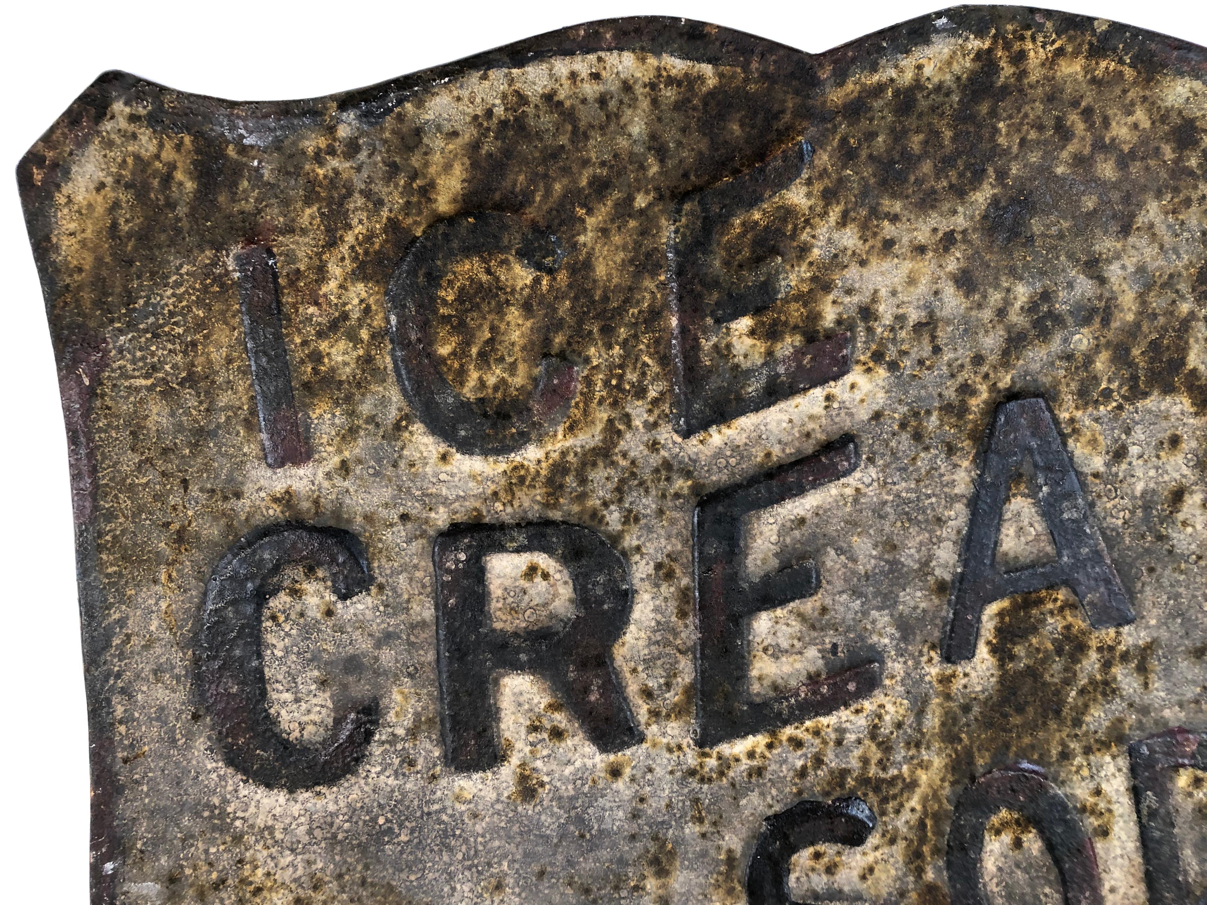 Metal ice cream soda sign. Untouched surface. Measures 26” x 19.5 x 1/4”.
 H