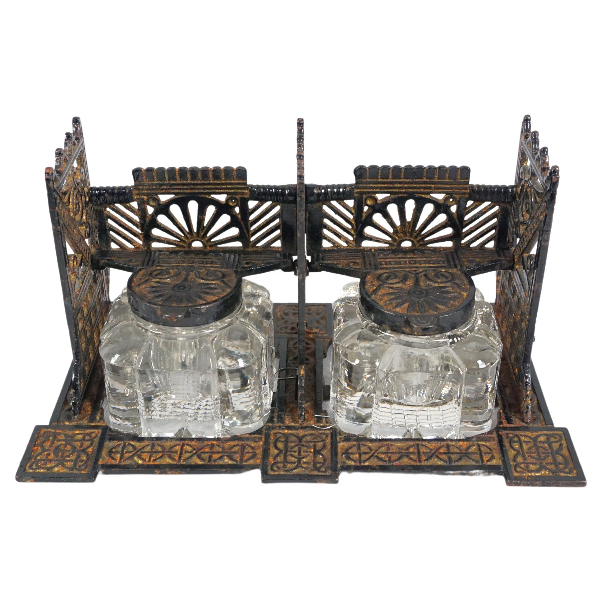 Antique Metal Inkwell, Victorian Double Inkstand, England 1890, H302