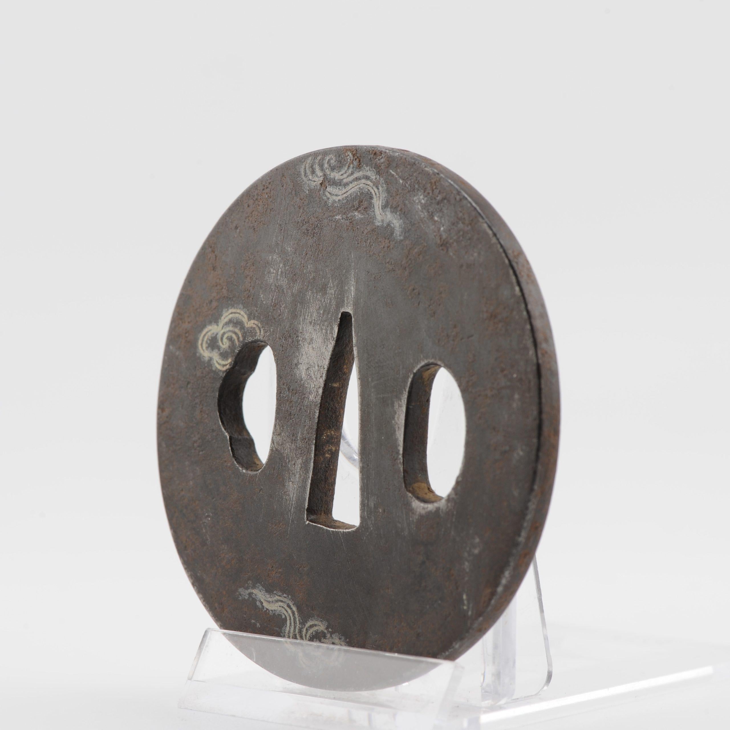 Antique Metal Japanese Tsuba Tosogu with Buddhist Clouds in Silver For Sale 7